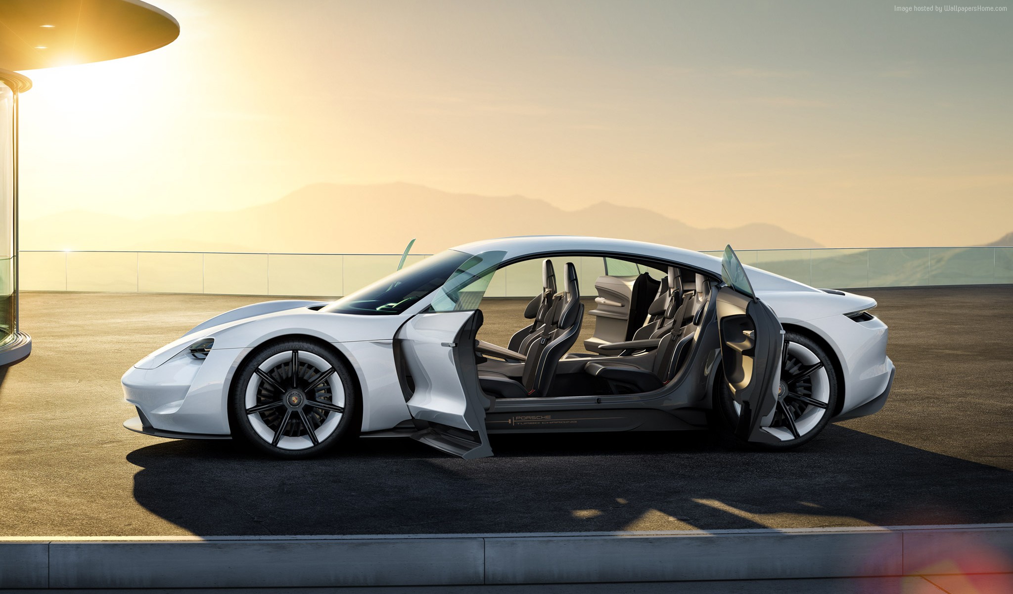 White Porsche Taycan electric car with doors open HD Wallpaper