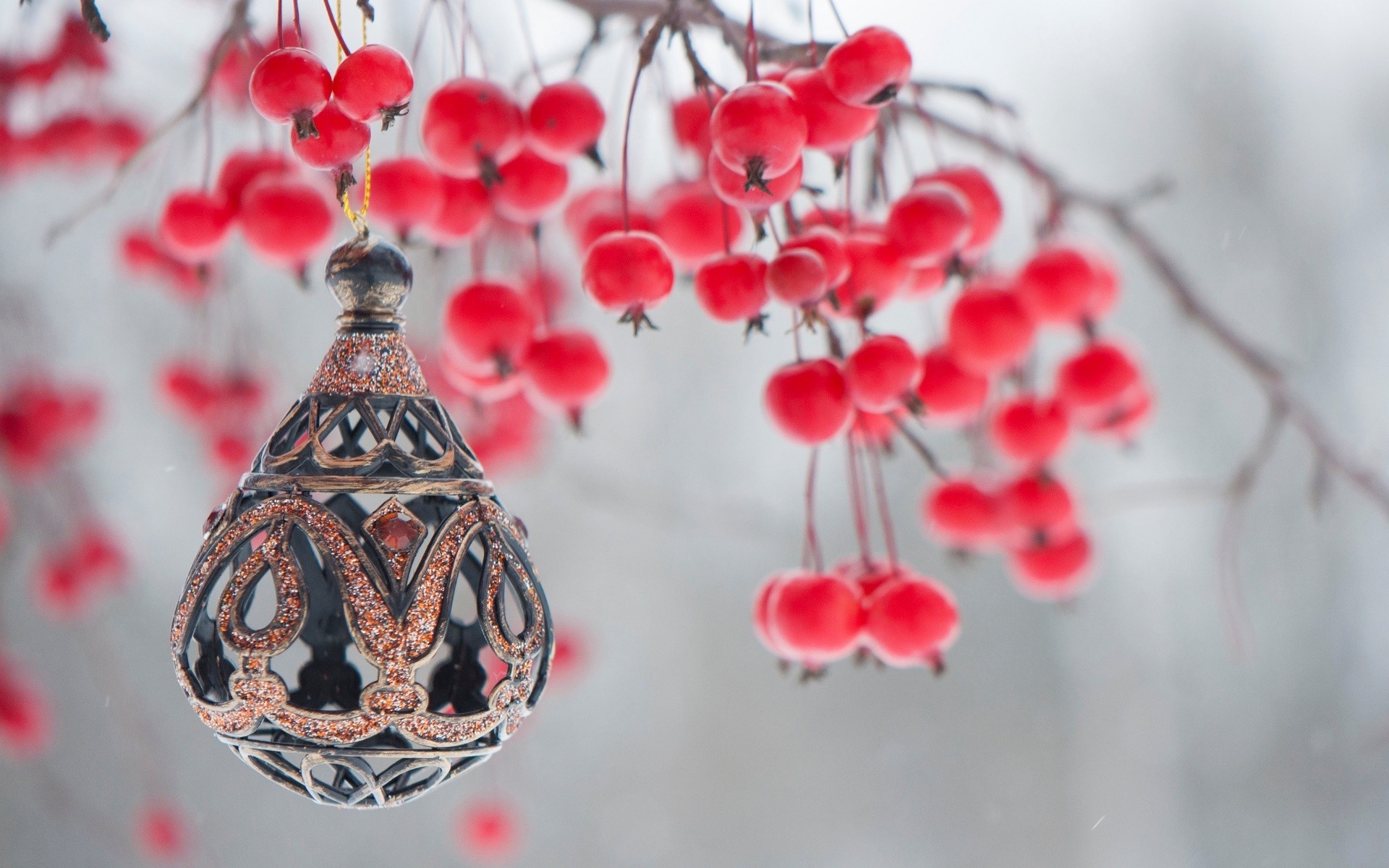 Ornate Christmas ornament hanging from a branch with red berries HD Wallpaper