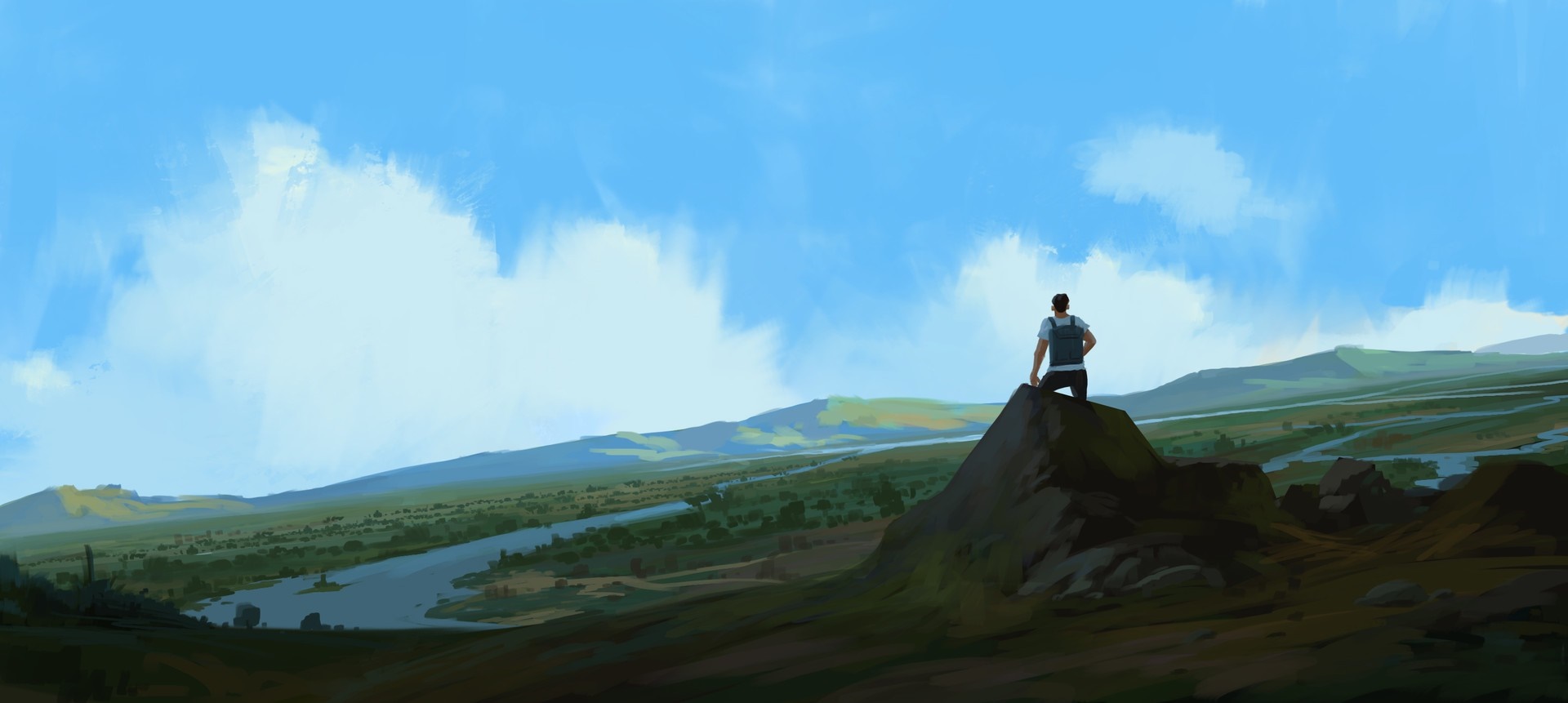 Man on a rock overlooking a valley HD Wallpaper