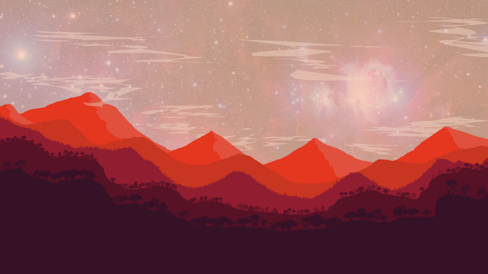 Stylized mountain landscape with a starry sky HD Wallpaper