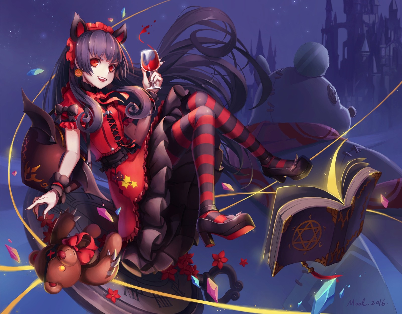Anime girl with cat ears holding wine glass HD Wallpaper