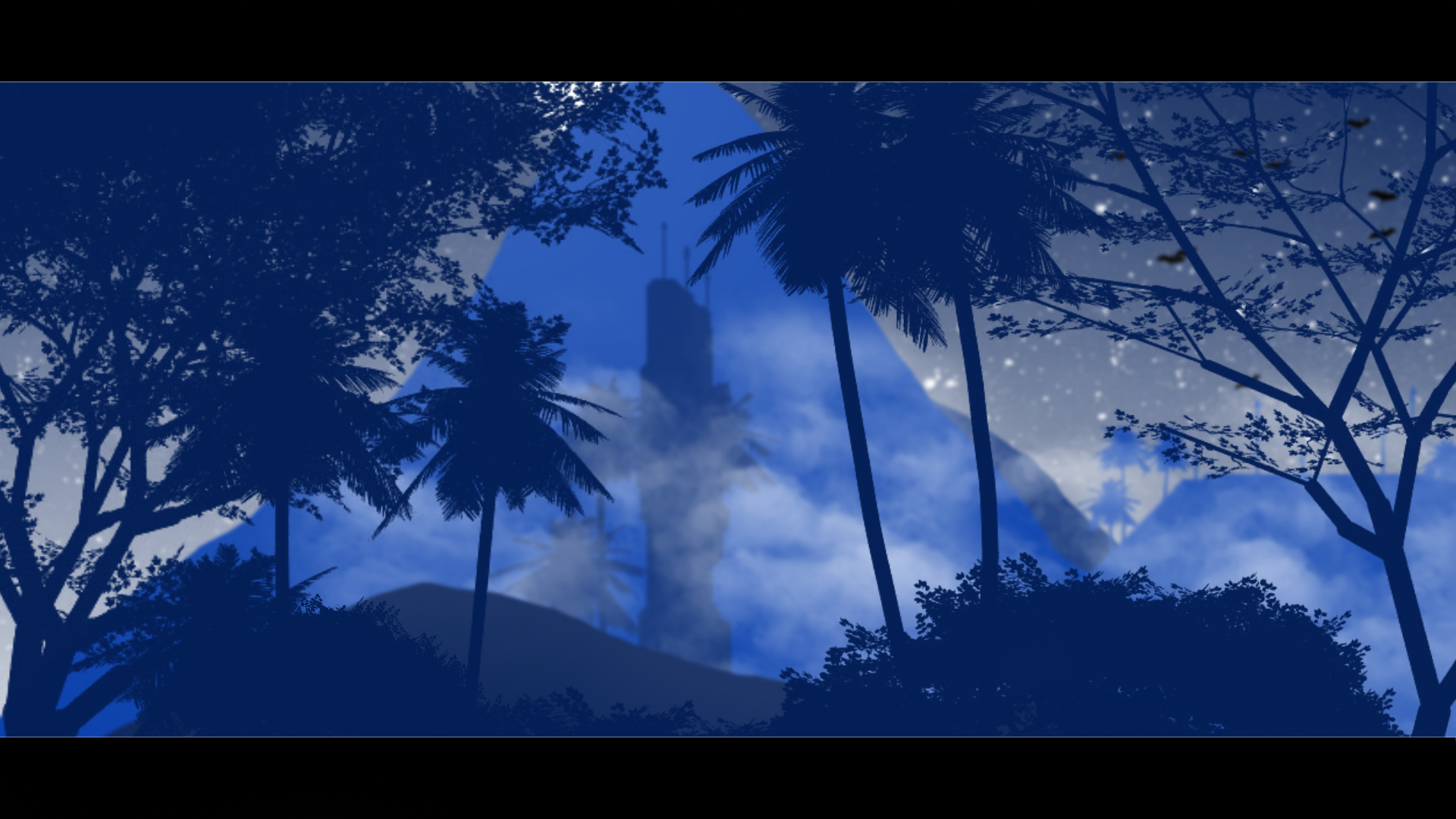 Silhouette of trees and a tower against a cloudy sky HD Wallpaper