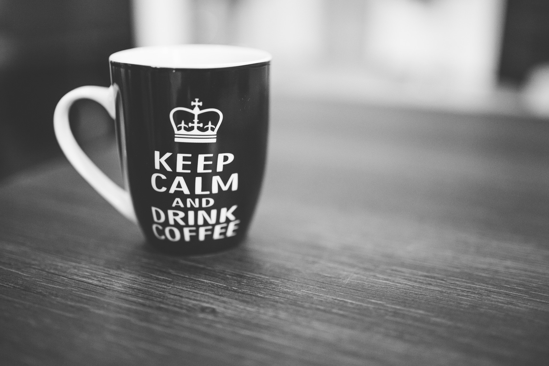 Black mug with "Keep Calm and Drink Coffee" text HD Wallpaper