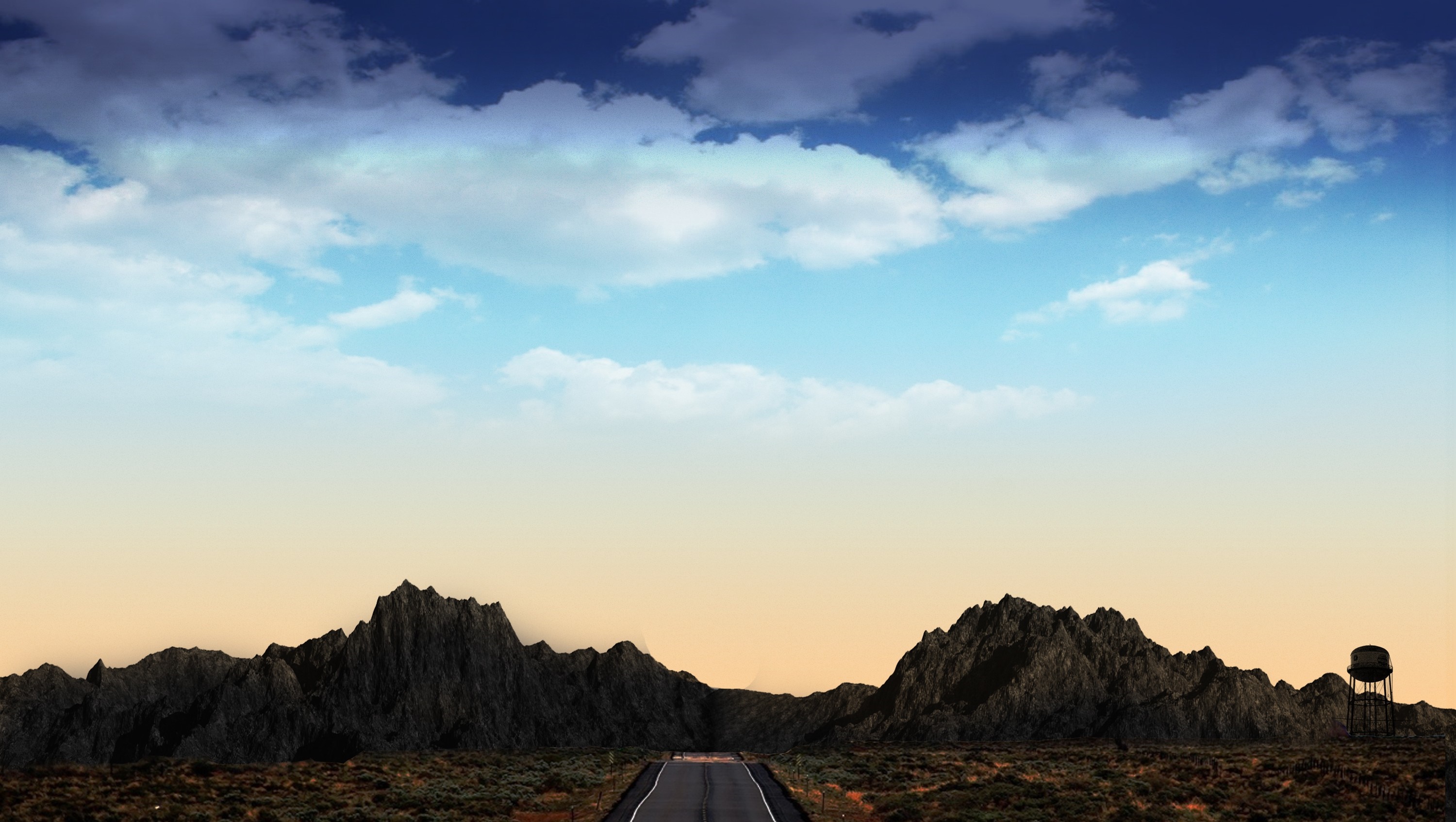 Road through mountains with water tower at sunset HD Wallpaper