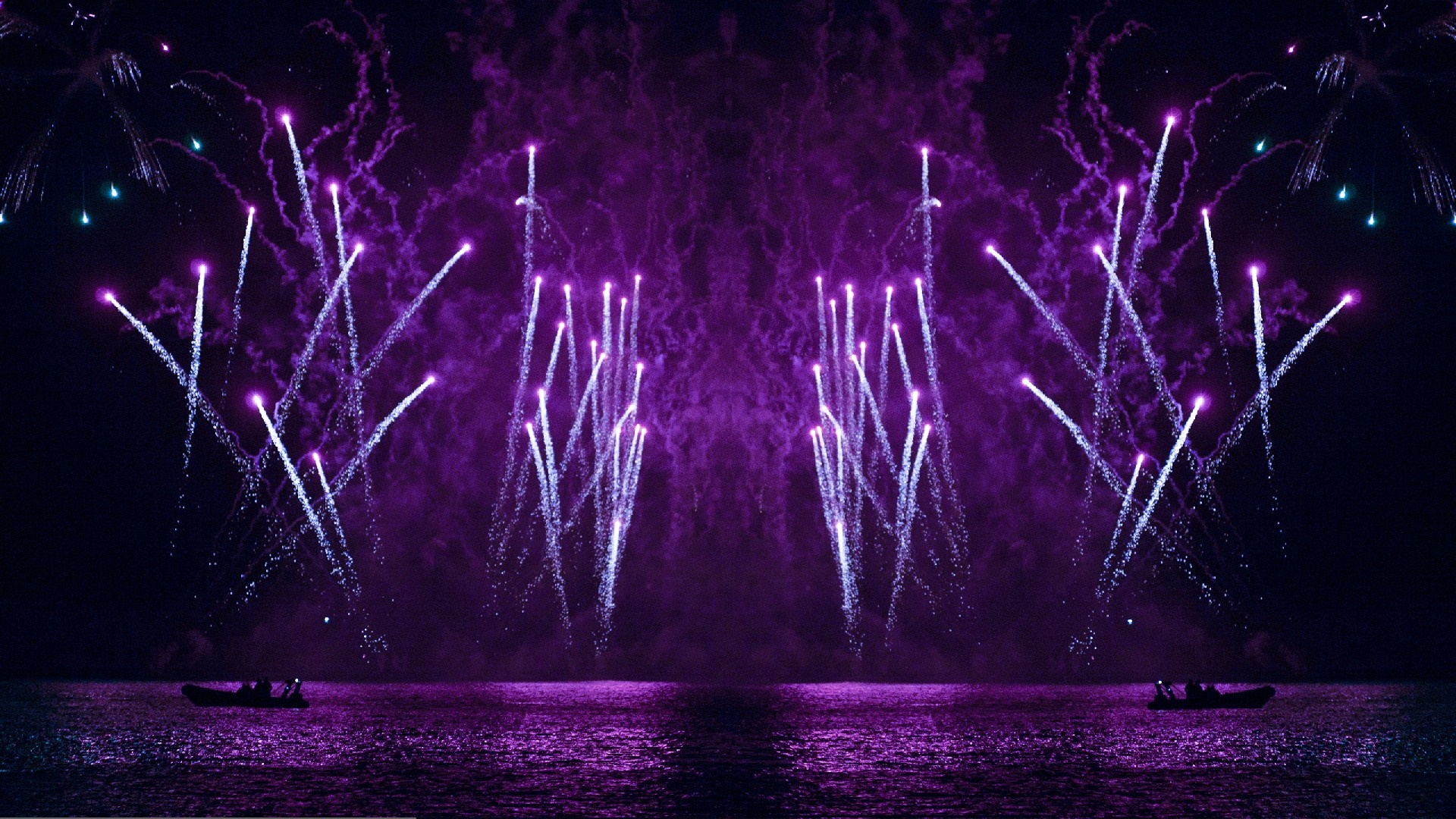 Purple fireworks over the water with boats HD Wallpaper