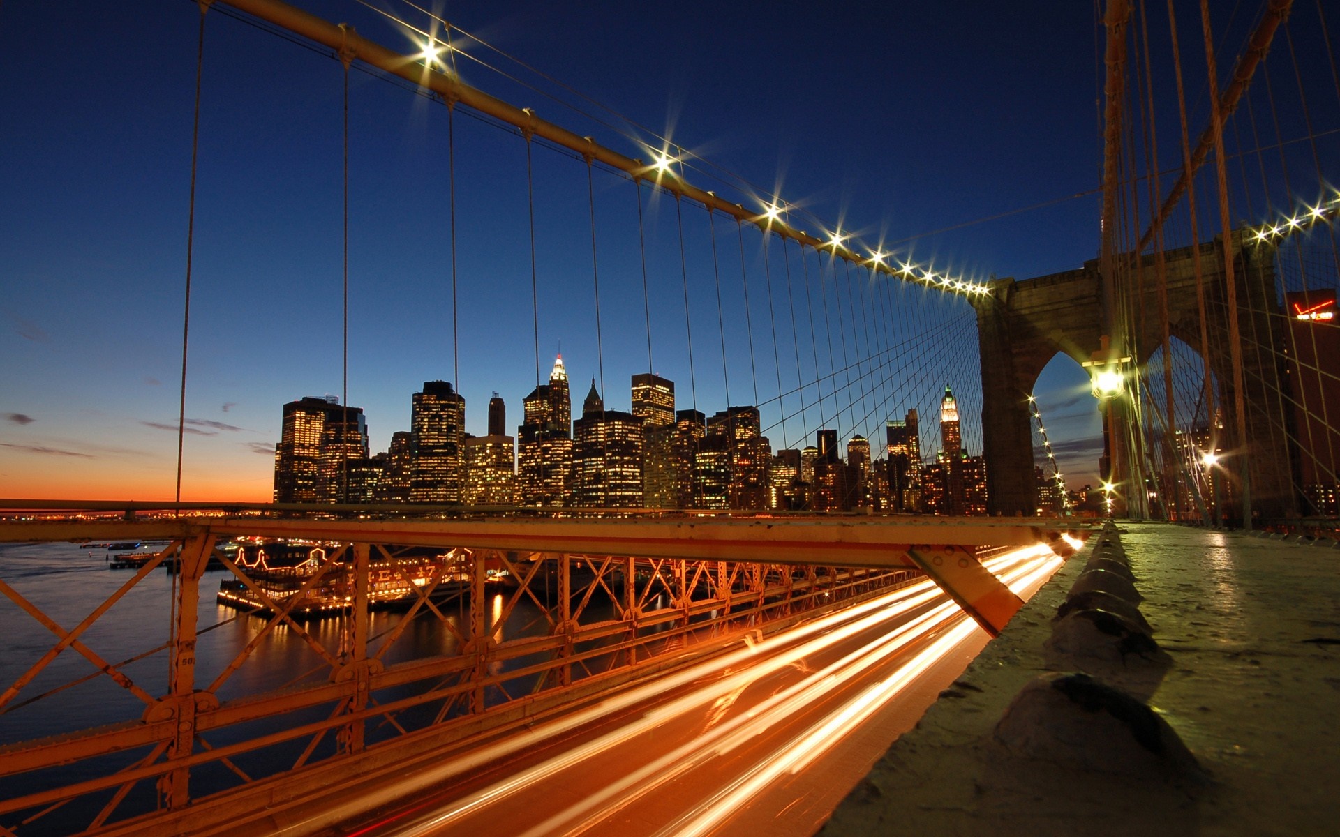 Brooklyn Bridge at Dusk with New York City Skyline HD Wallpaper