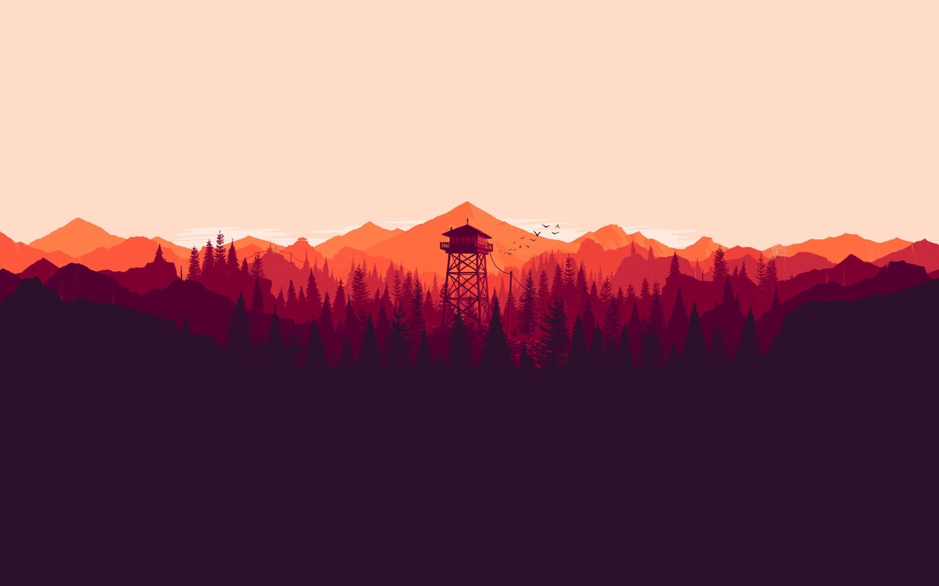 Minimalist landscape with fire watch tower and mountains HD Wallpaper