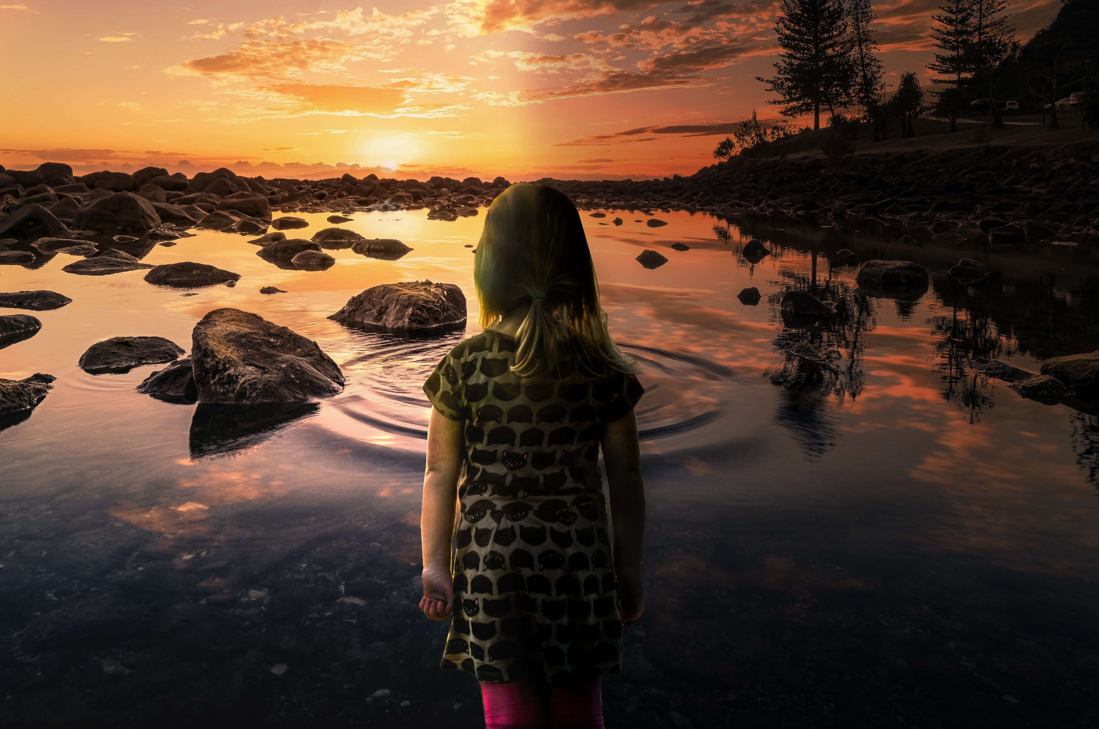 Girl watching sunset over rocky ocean landscape HD Wallpaper