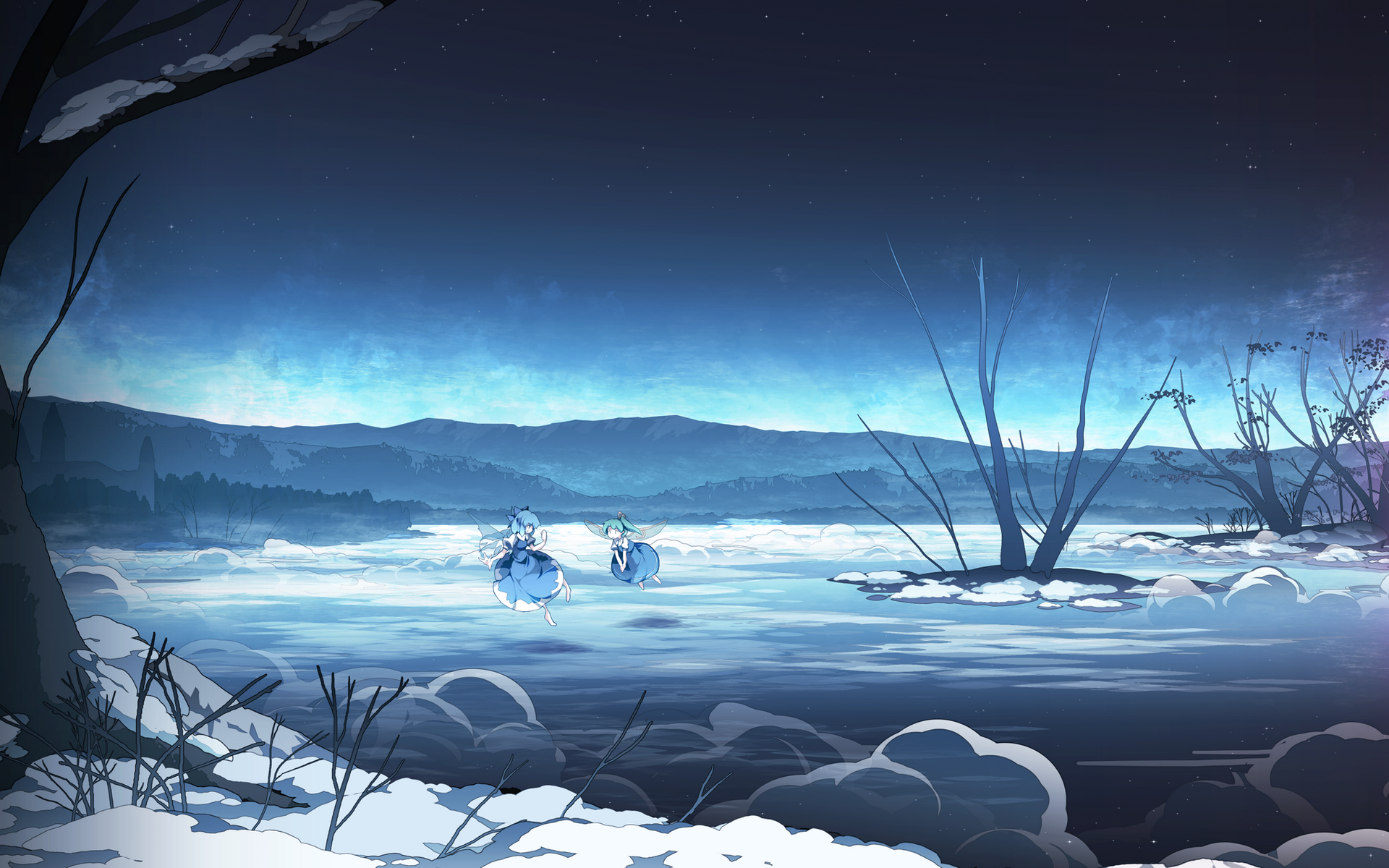 Two fairies on a frozen landscape under a starry night sky HD Wallpaper