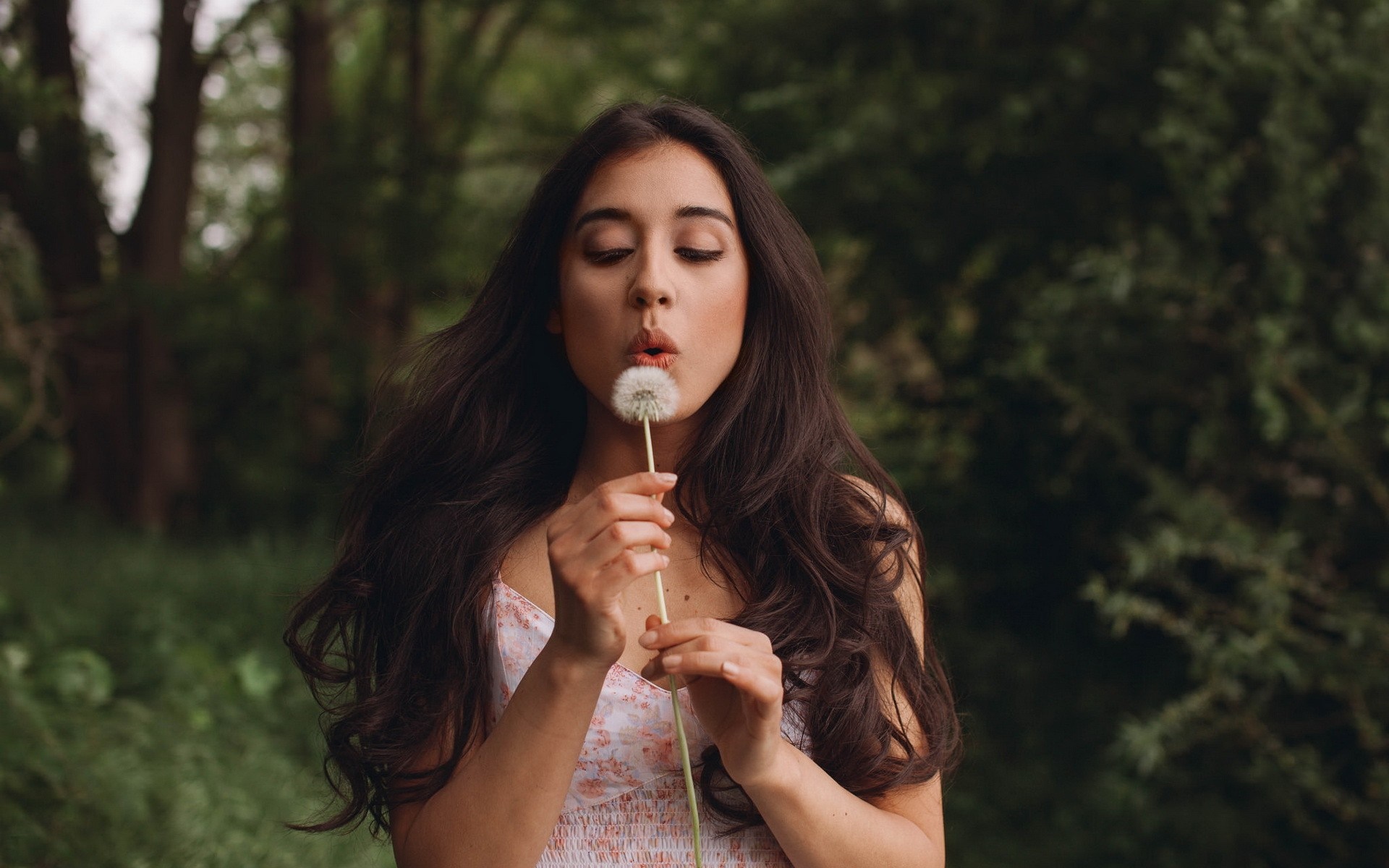 Woman blowing dandelion in a forest HD Wallpaper