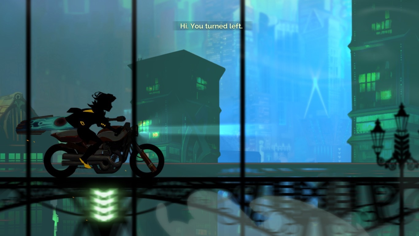Silhouette of a woman on a motorcycle in a futuristic city HD Wallpaper