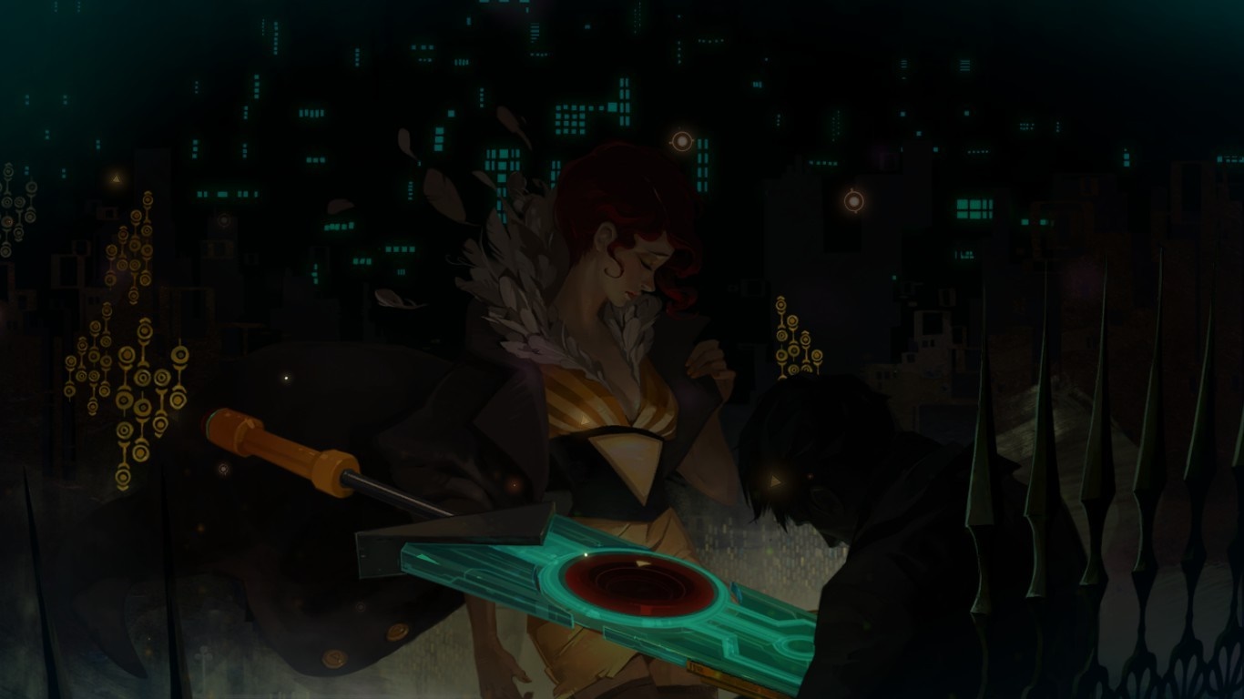 Woman with sword and man in dark city HD Wallpaper