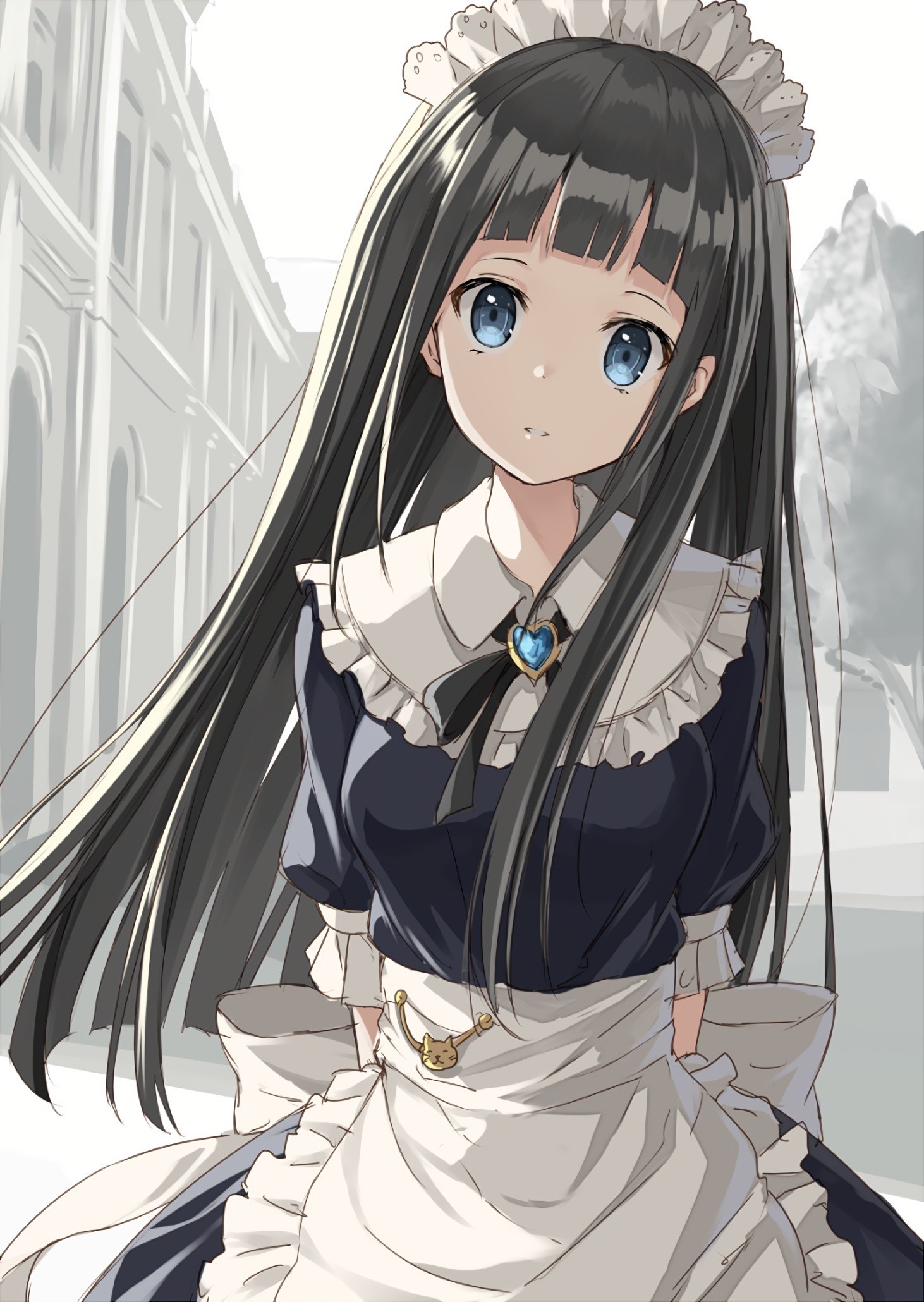 Anime girl with long black hair in a maid outfit HD Wallpaper