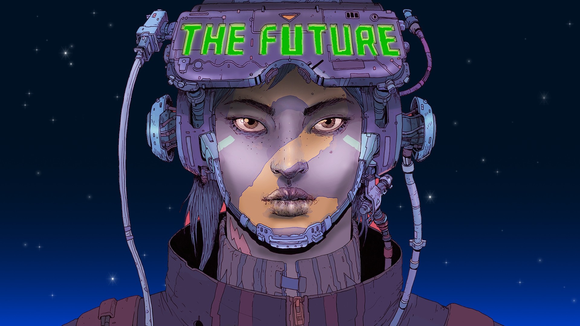Cyberpunk character with VR headset displaying "THE FUTURE" HD Wallpaper