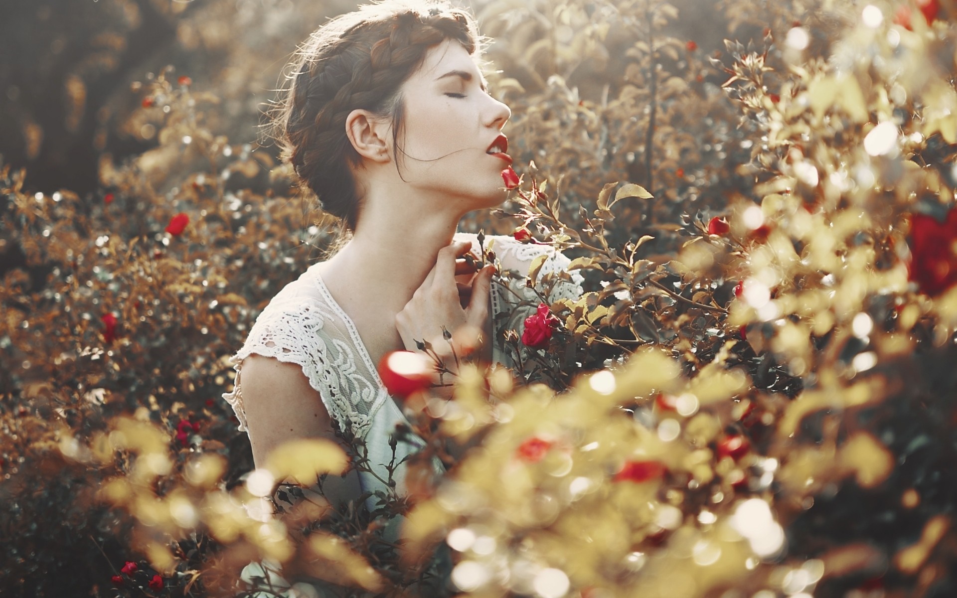 Woman smelling roses in a garden HD Wallpaper