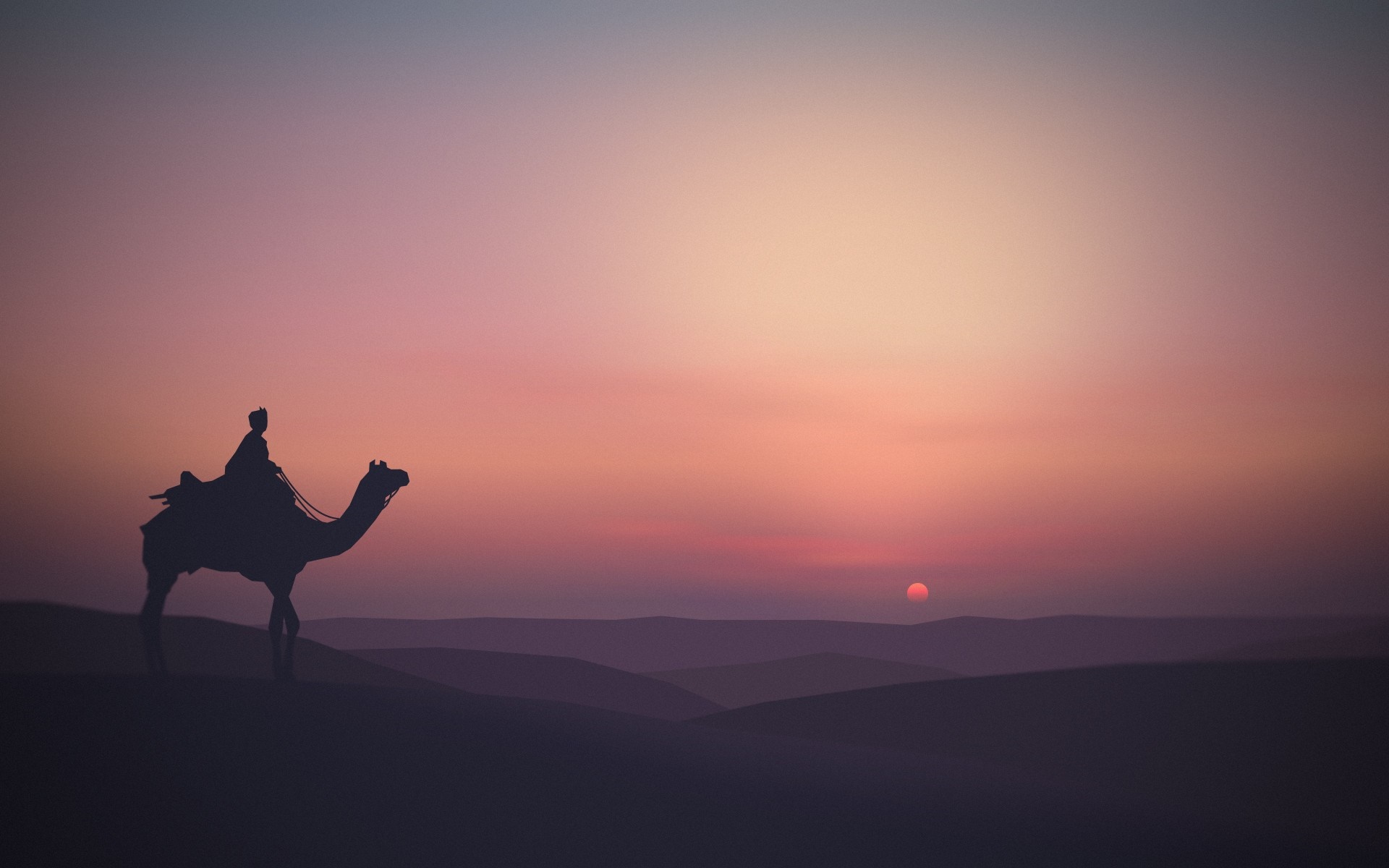 Silhouette of a person riding a camel at sunset over desert dunes HD Wallpaper