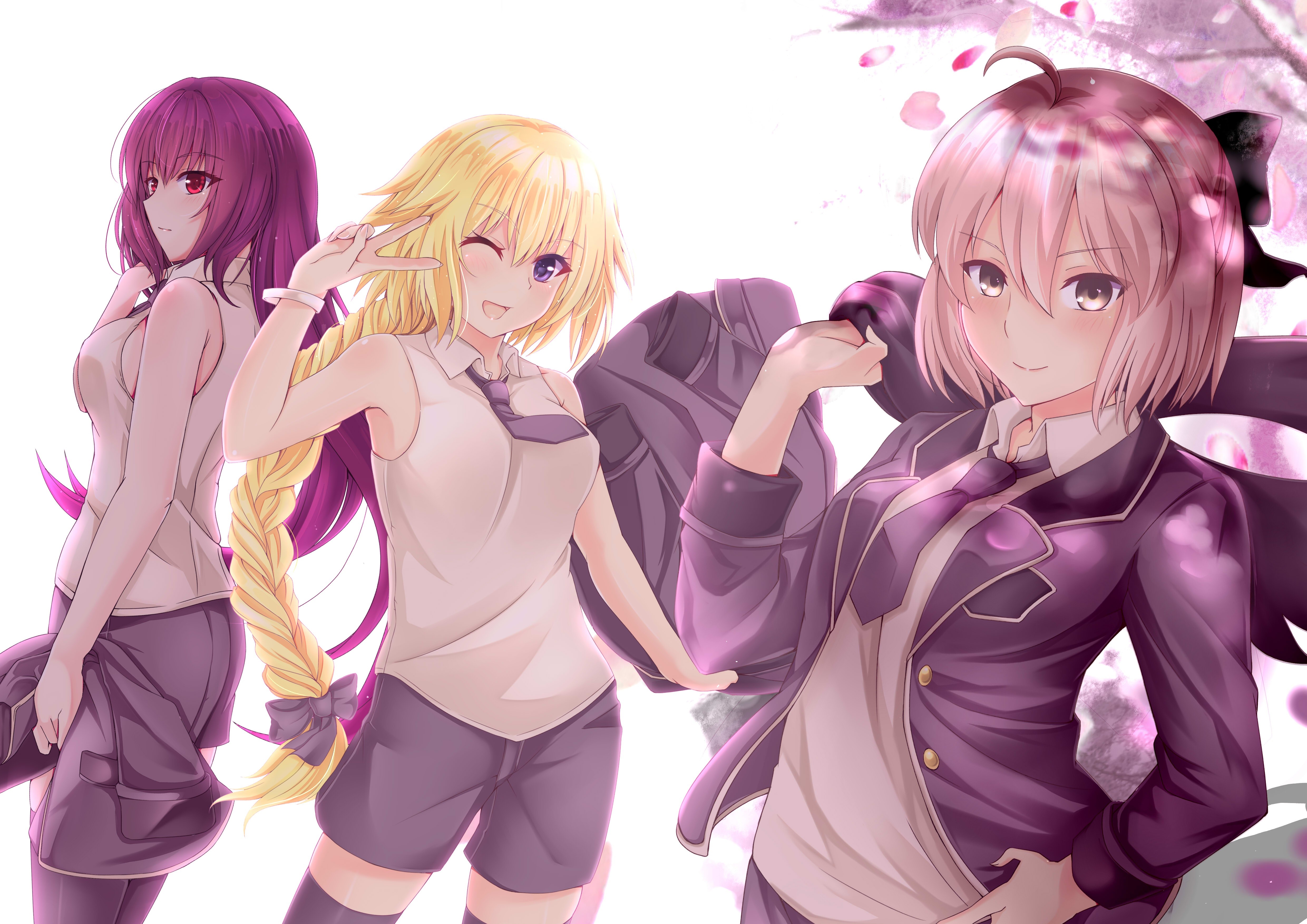 Three anime girls in school uniforms with cherry blossoms HD Wallpaper
