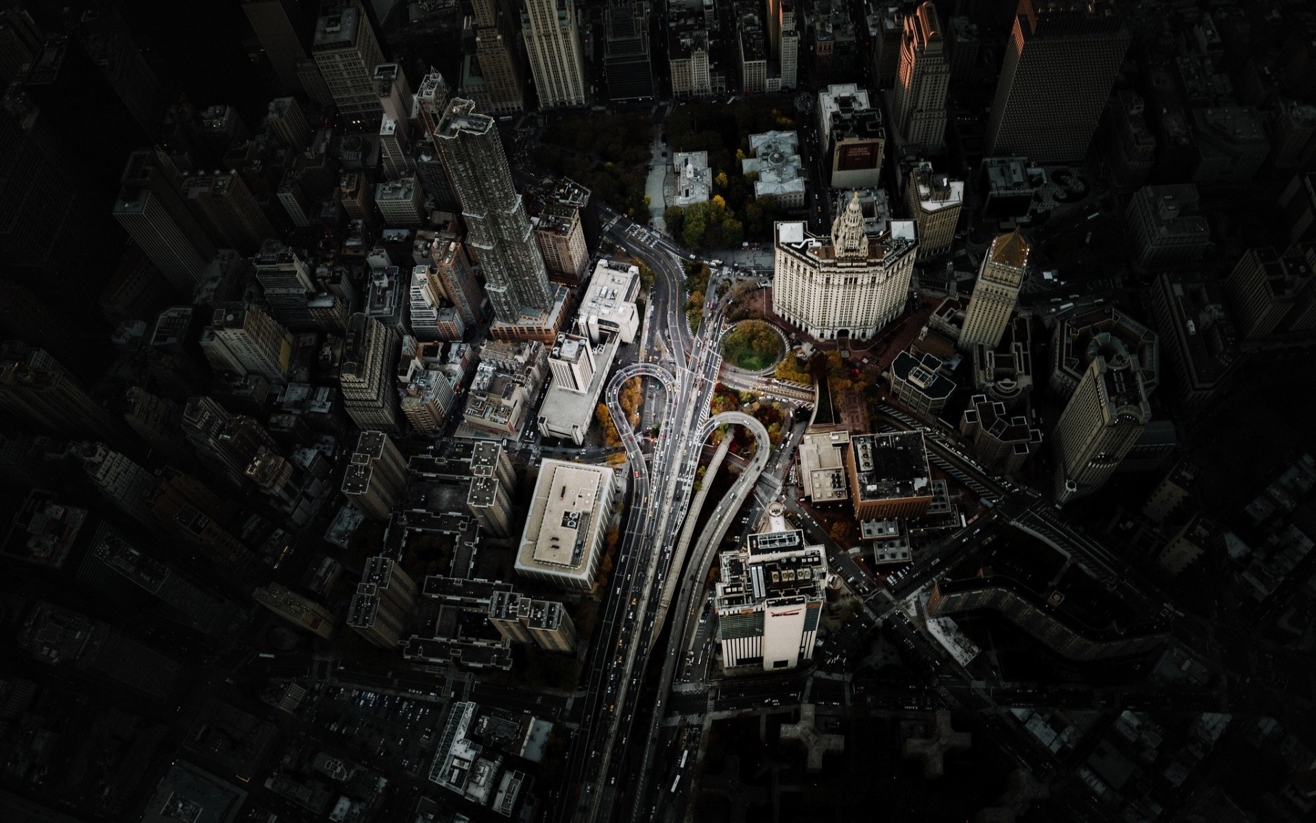Aerial view of New York City skyscrapers at night HD Wallpaper