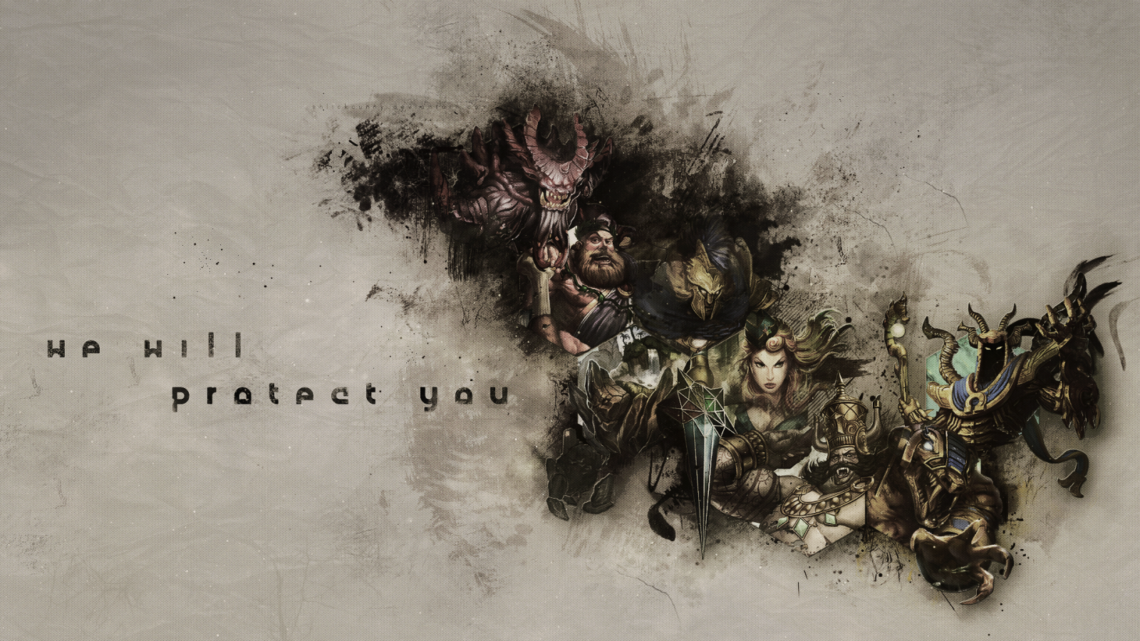 Smite MOBA characters with 'We Will Protect You' text HD Wallpaper