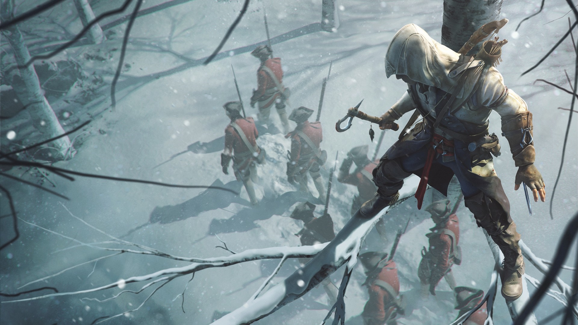 Connor from Assassin's Creed III in a snowy forest HD Wallpaper