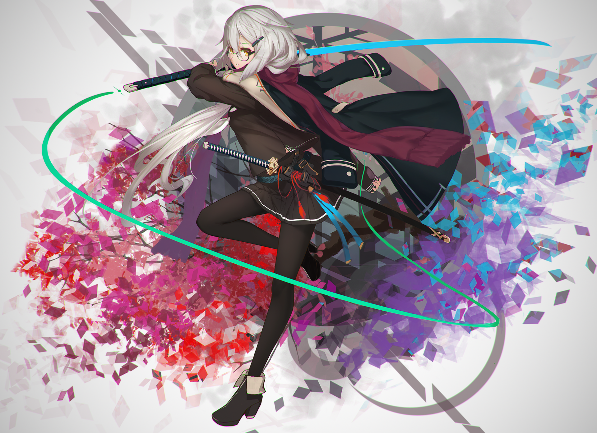 Anime girl with white hair, glasses, and swords HD Wallpaper