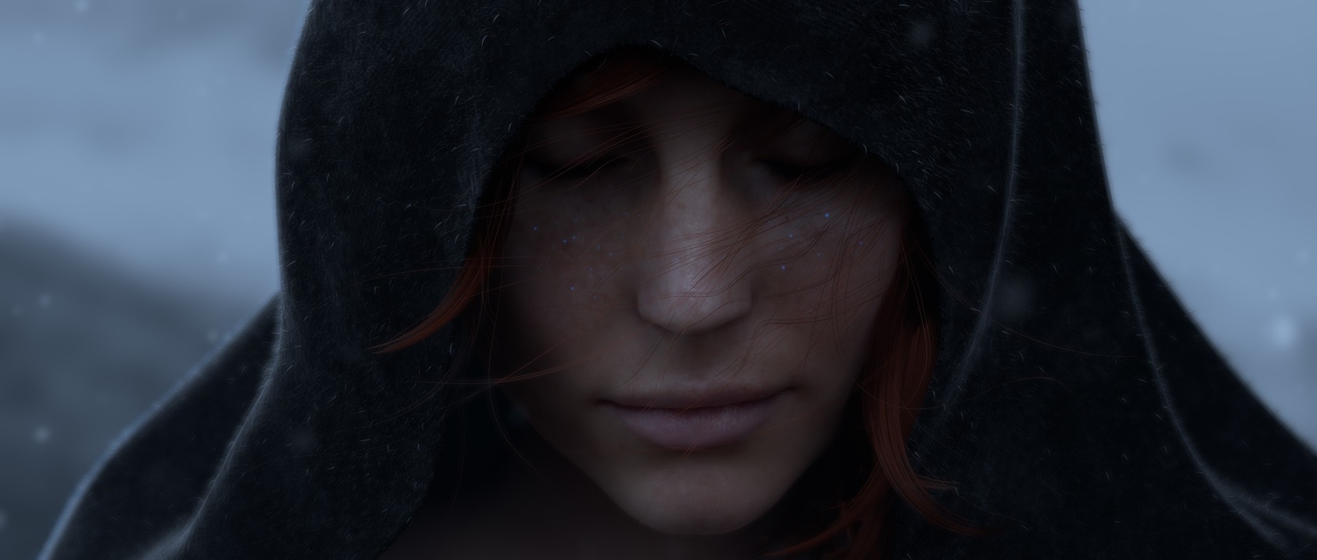Close up of a woman with red hair wearing a black hood HD Wallpaper