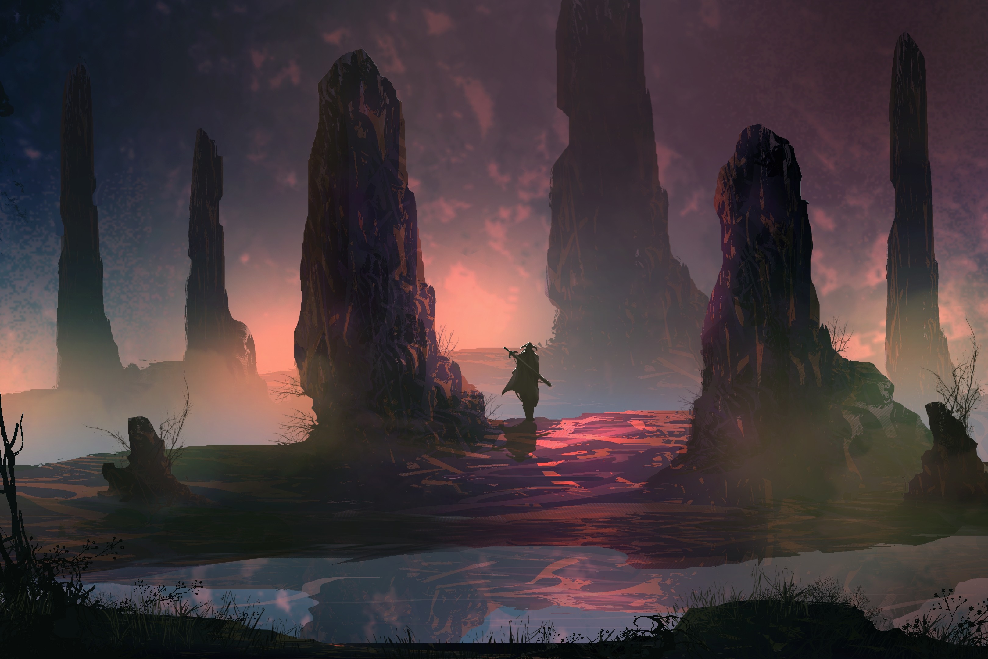 Fantasy warrior in a rocky, misty landscape at sunset HD Wallpaper