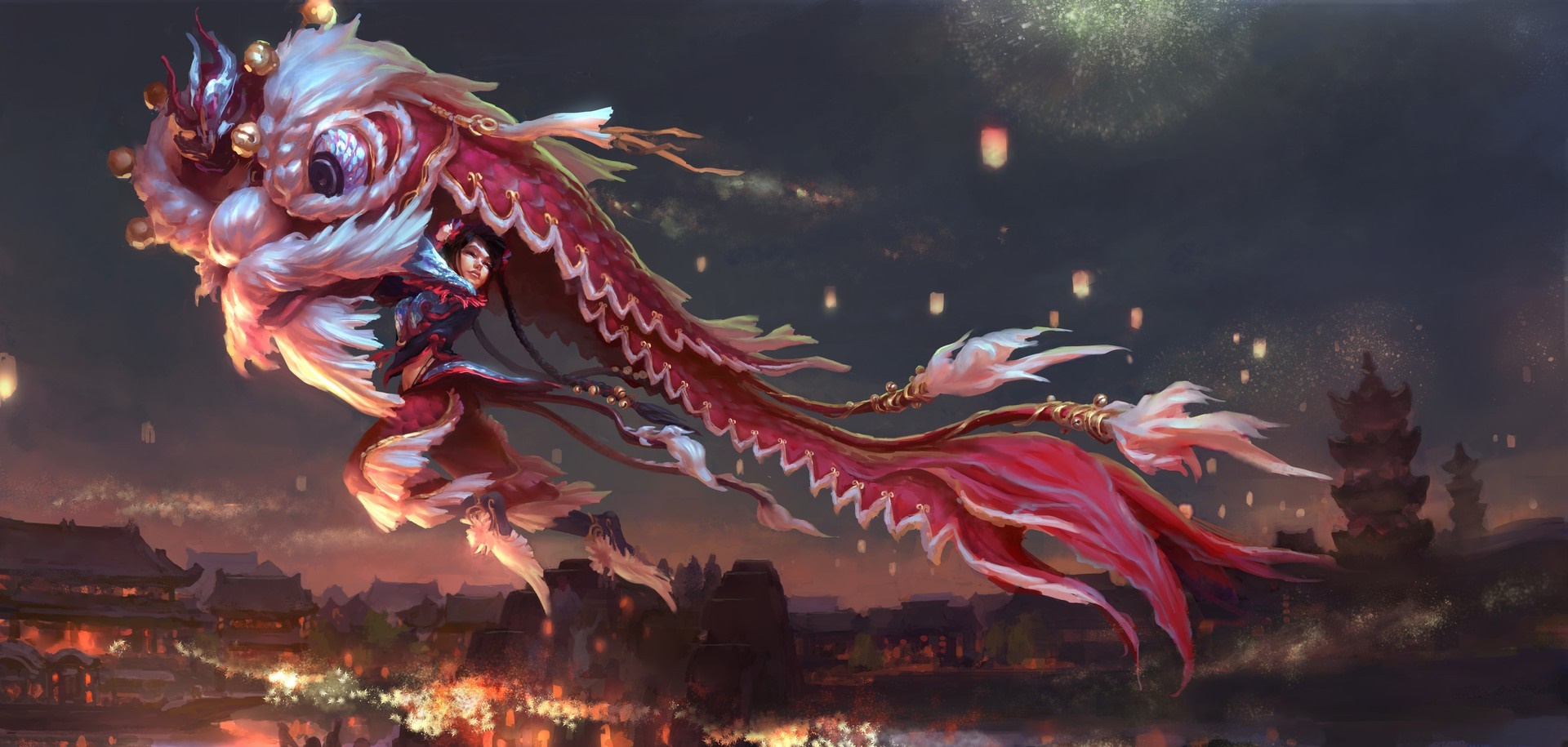 A woman rides a mythical dragon over a city at night HD Wallpaper