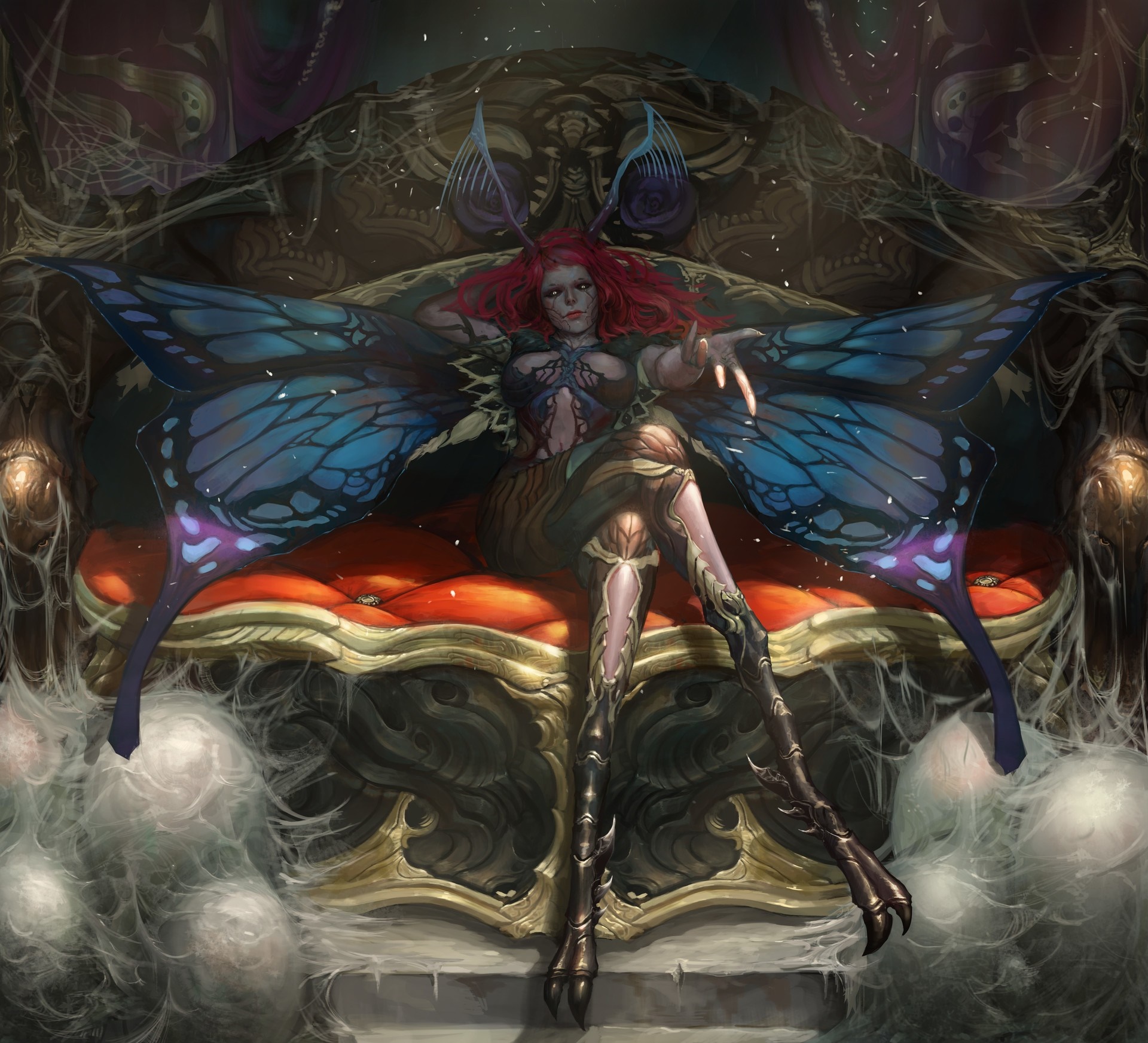 Fantasy art of a woman with butterfly wings on a throne HD Wallpaper