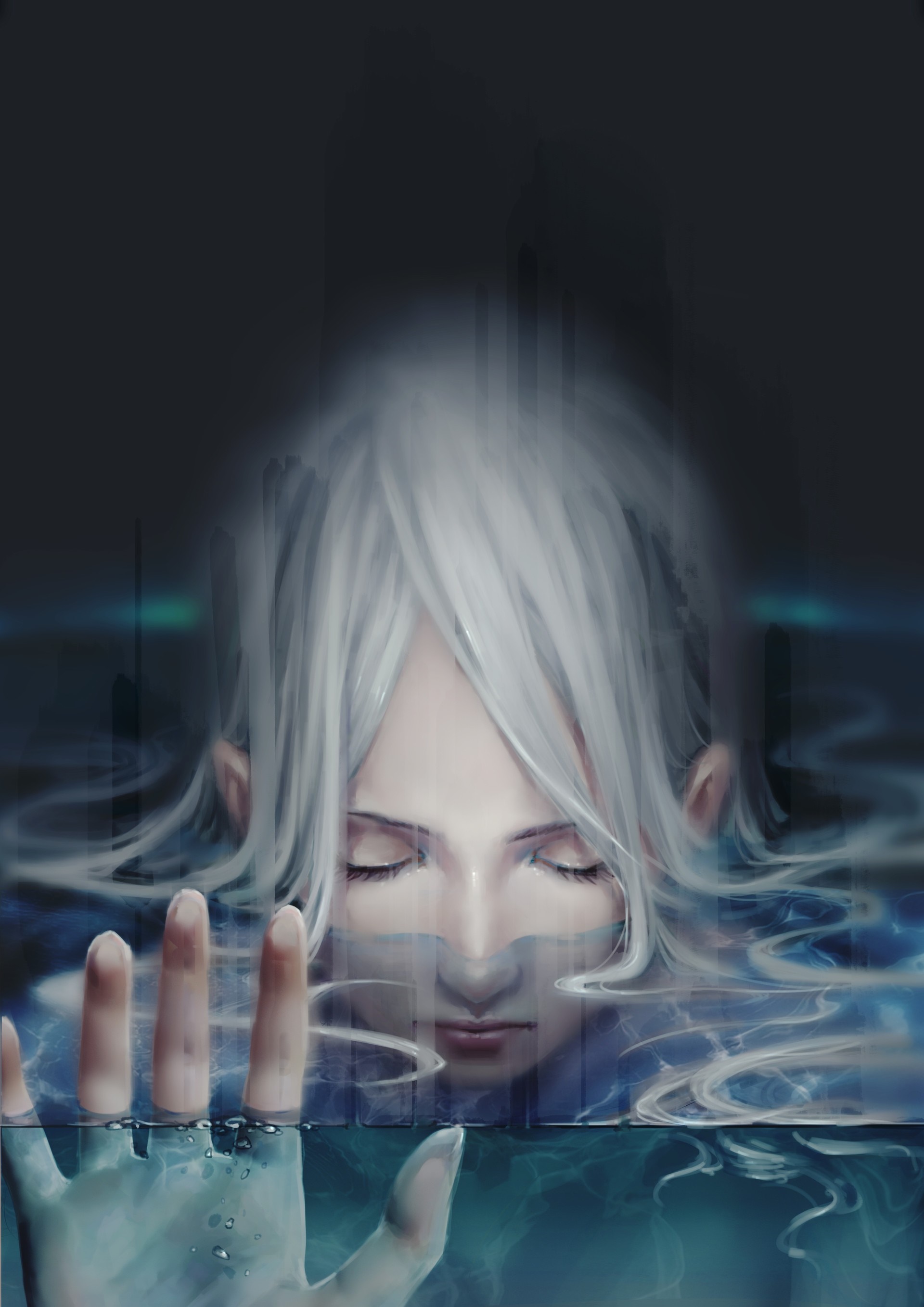 Anime character with white hair submerged in water HD Wallpaper