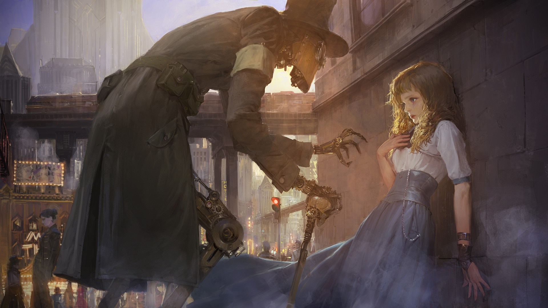 Steampunk scarecrow looms over a frightened girl in a city HD Wallpaper