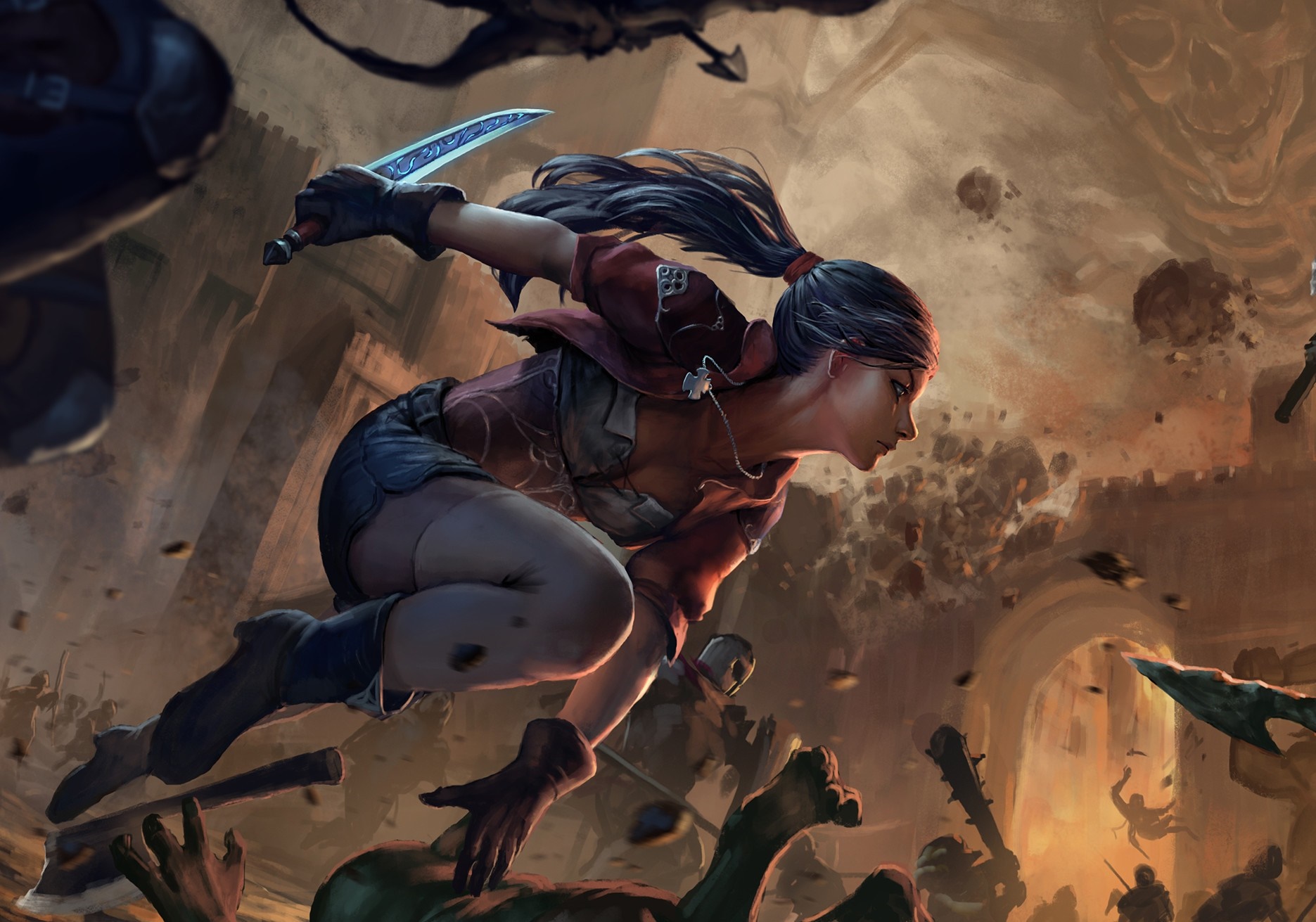 Fantasy warrior woman with knife in battle HD Wallpaper