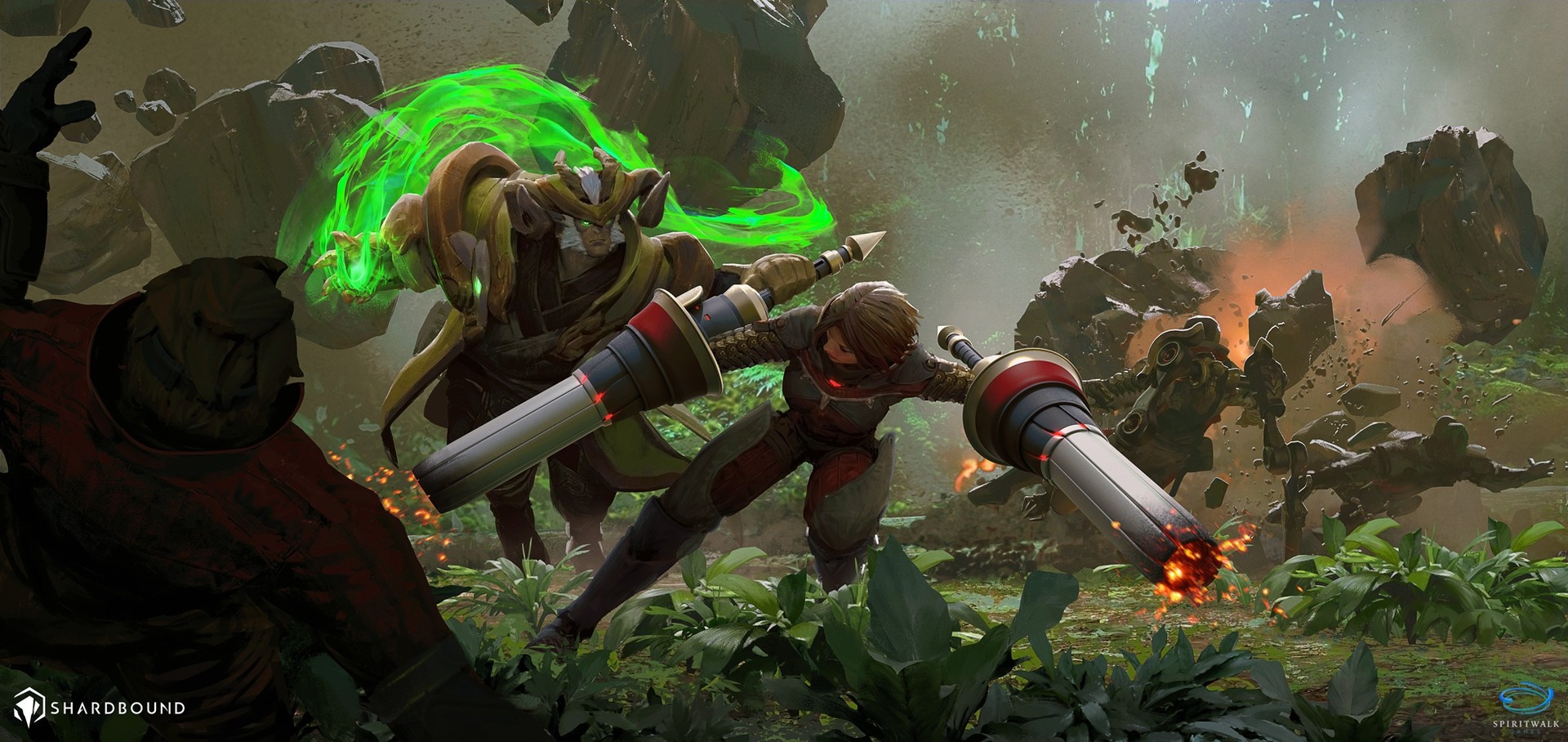 Fantasy warrior fighting a creature in a jungle HD Wallpaper
