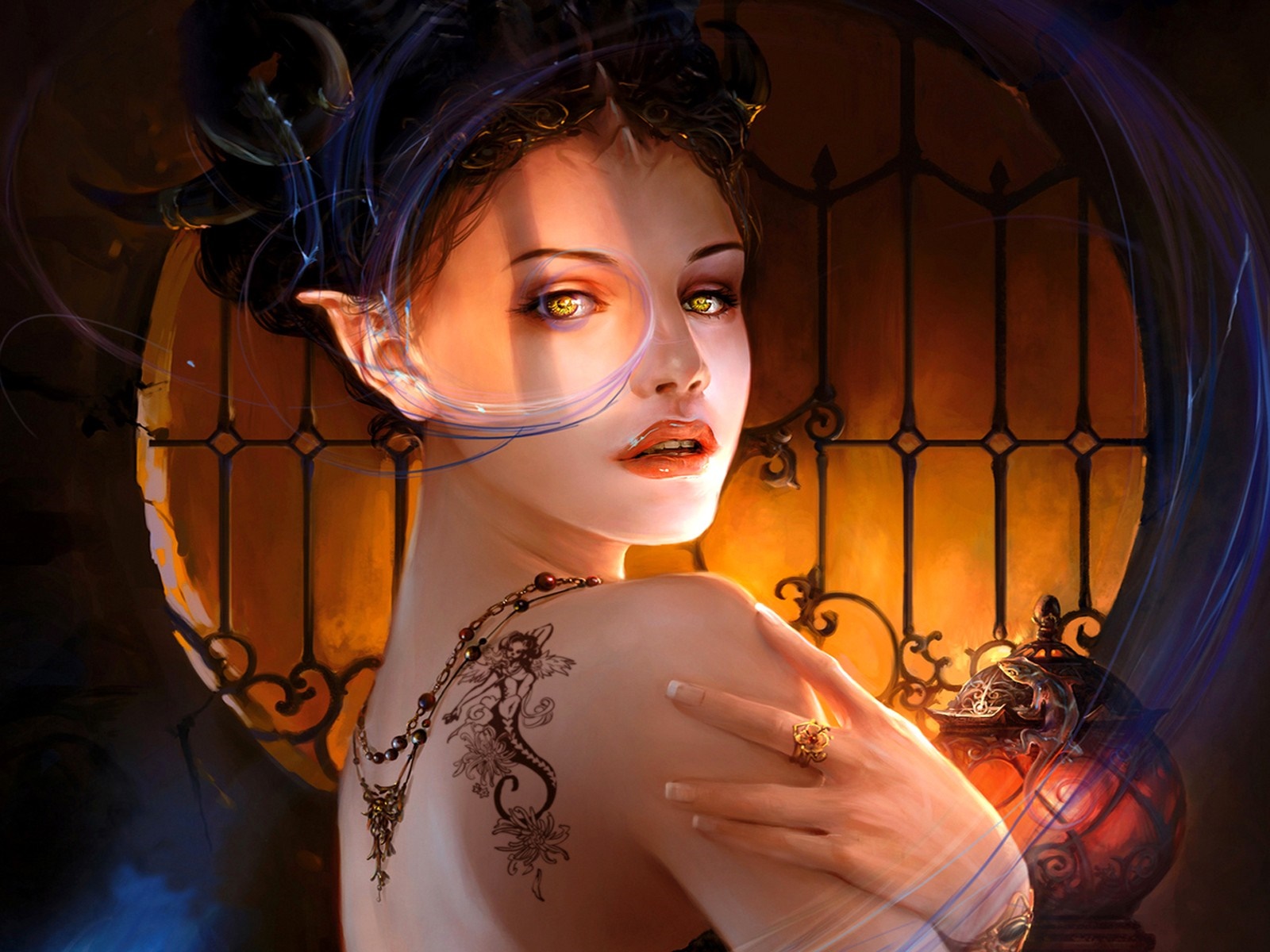 Fantasy woman with tattoo and jewelry HD Wallpaper