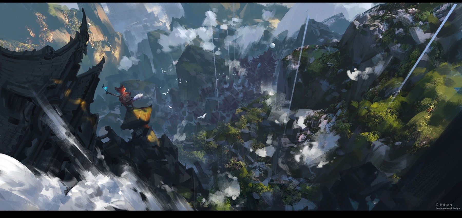 Fantasy landscape with a character on a cliff HD Wallpaper