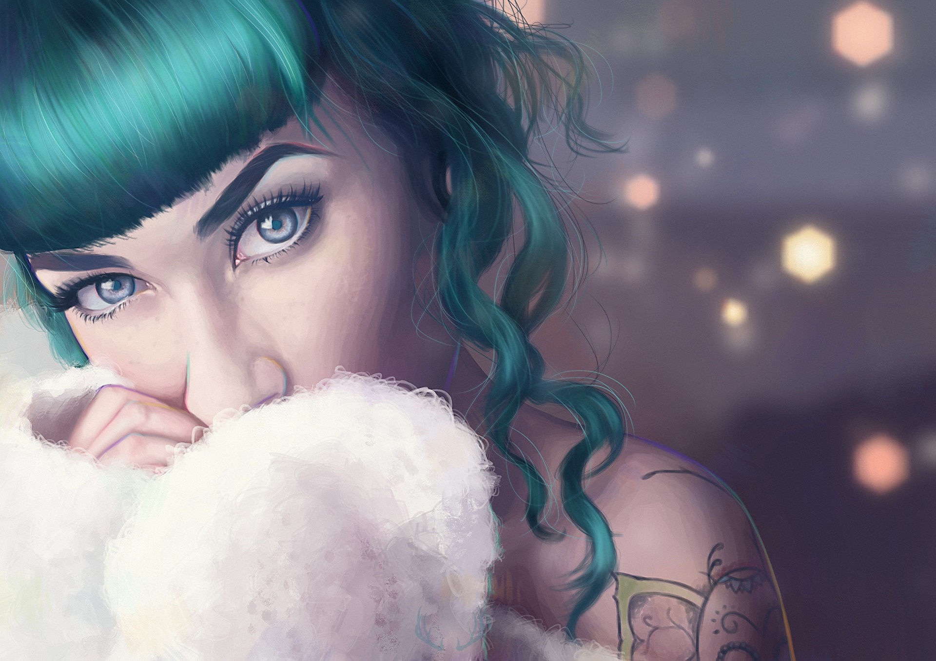 Close-up portrait of a woman with green hair and tattoos HD Wallpaper