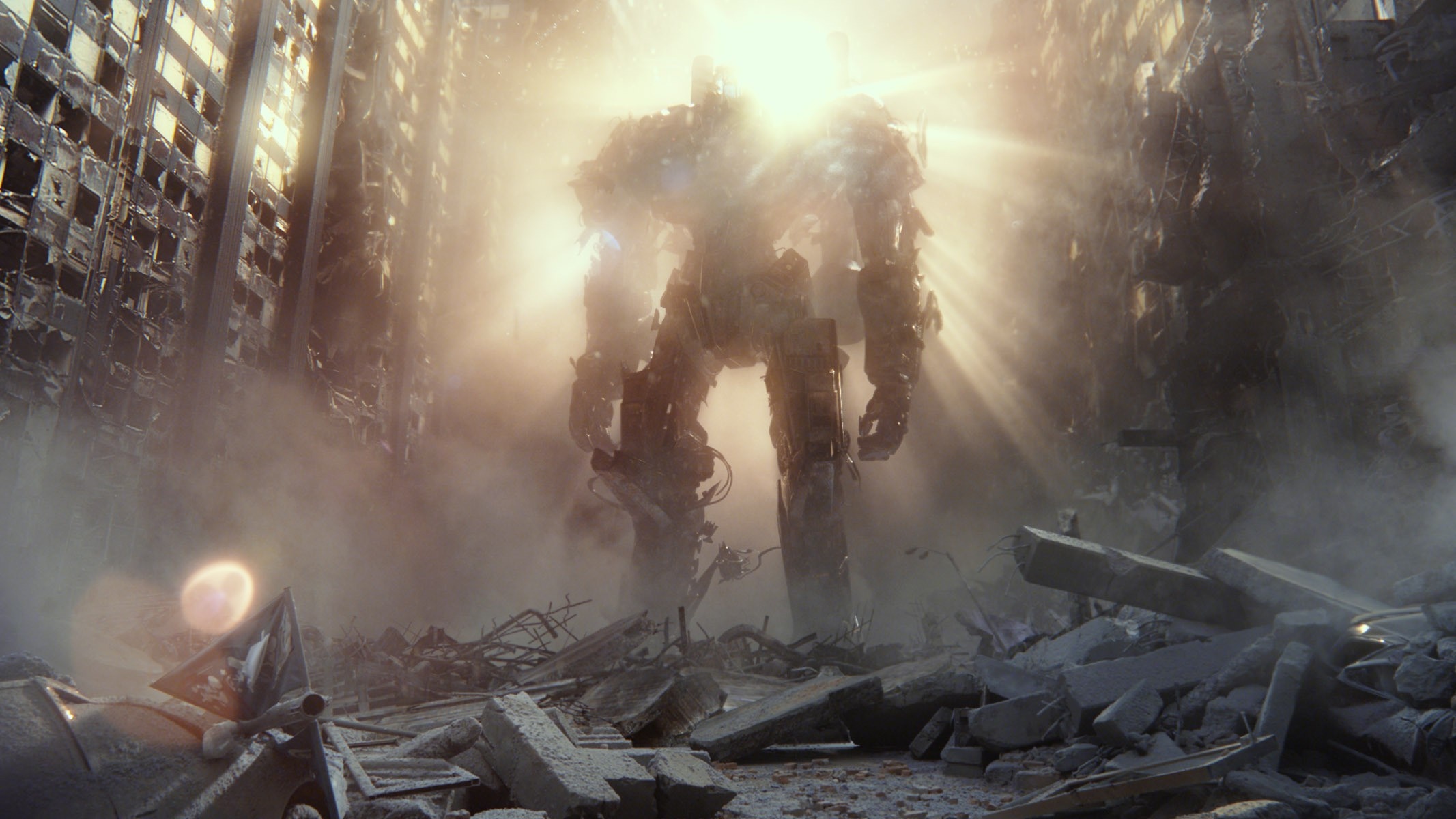 Giant robot in destroyed city HD Wallpaper