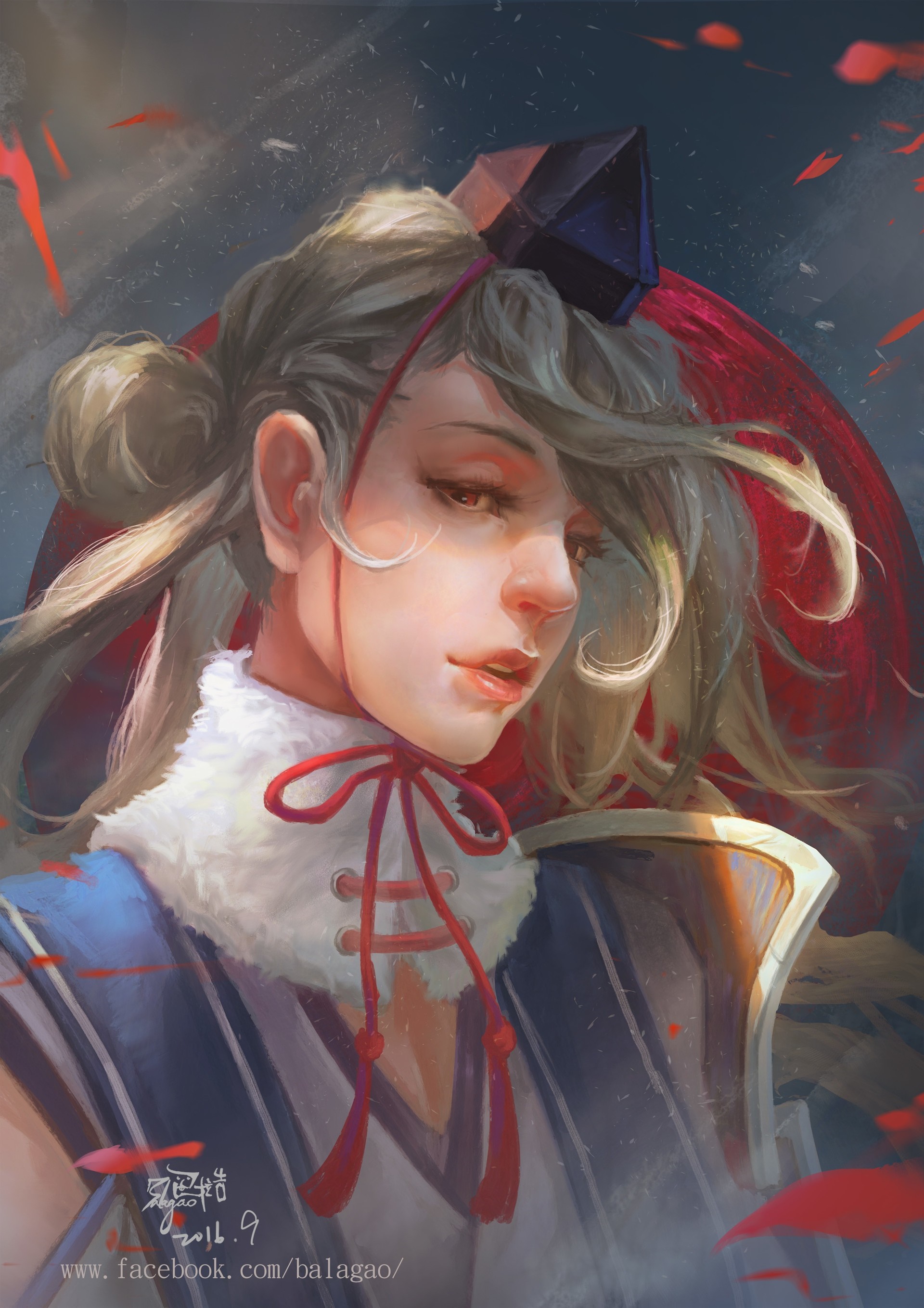 Anime character with elaborate costume and red petals HD Wallpaper