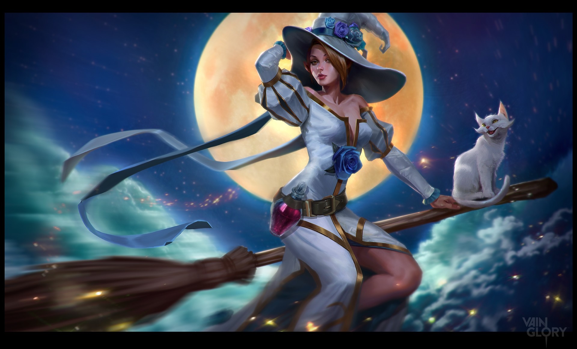 Witch on a broomstick with a cat and moon HD Wallpaper