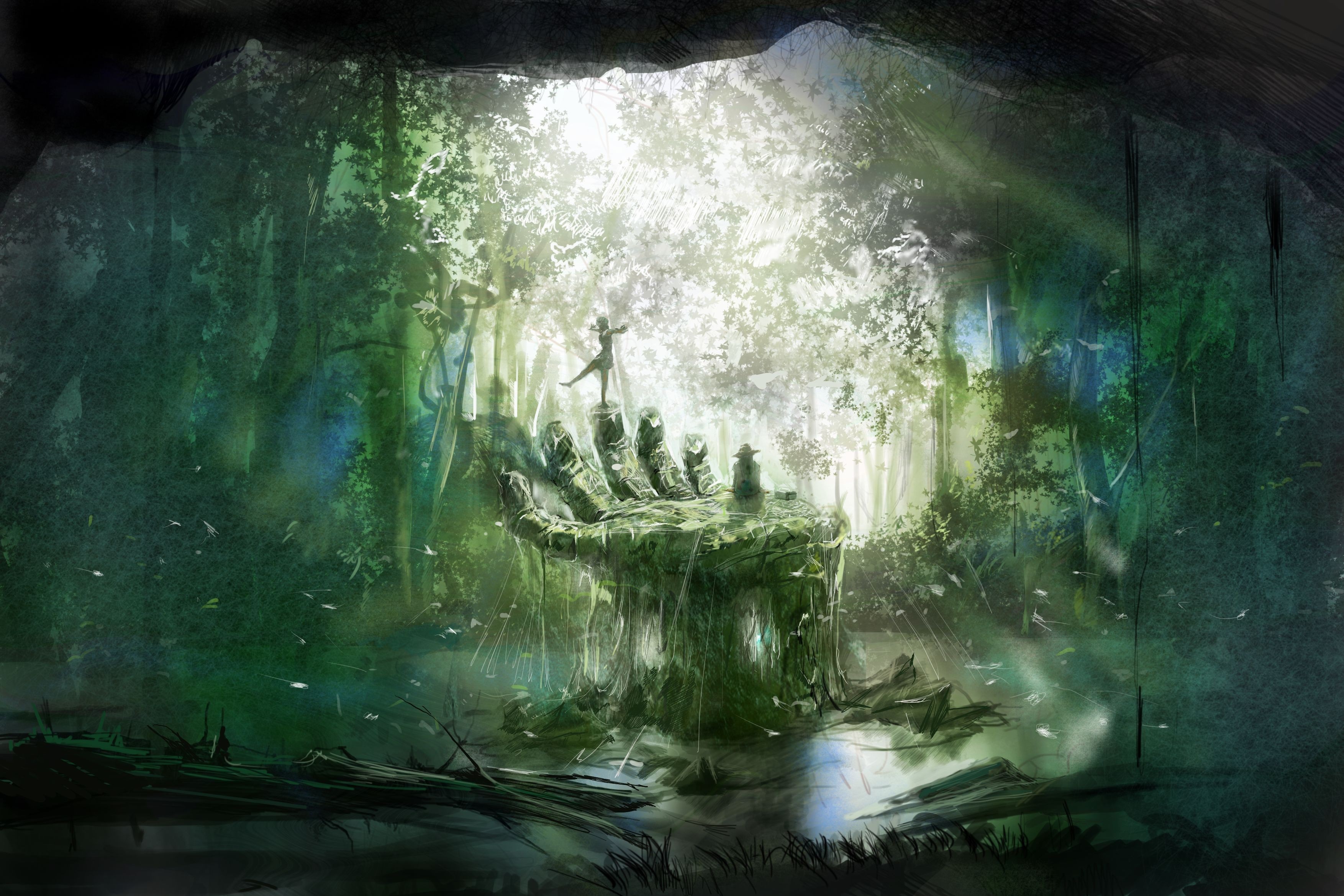 Artwork of a person on a giant stone hand in a forest HD Wallpaper