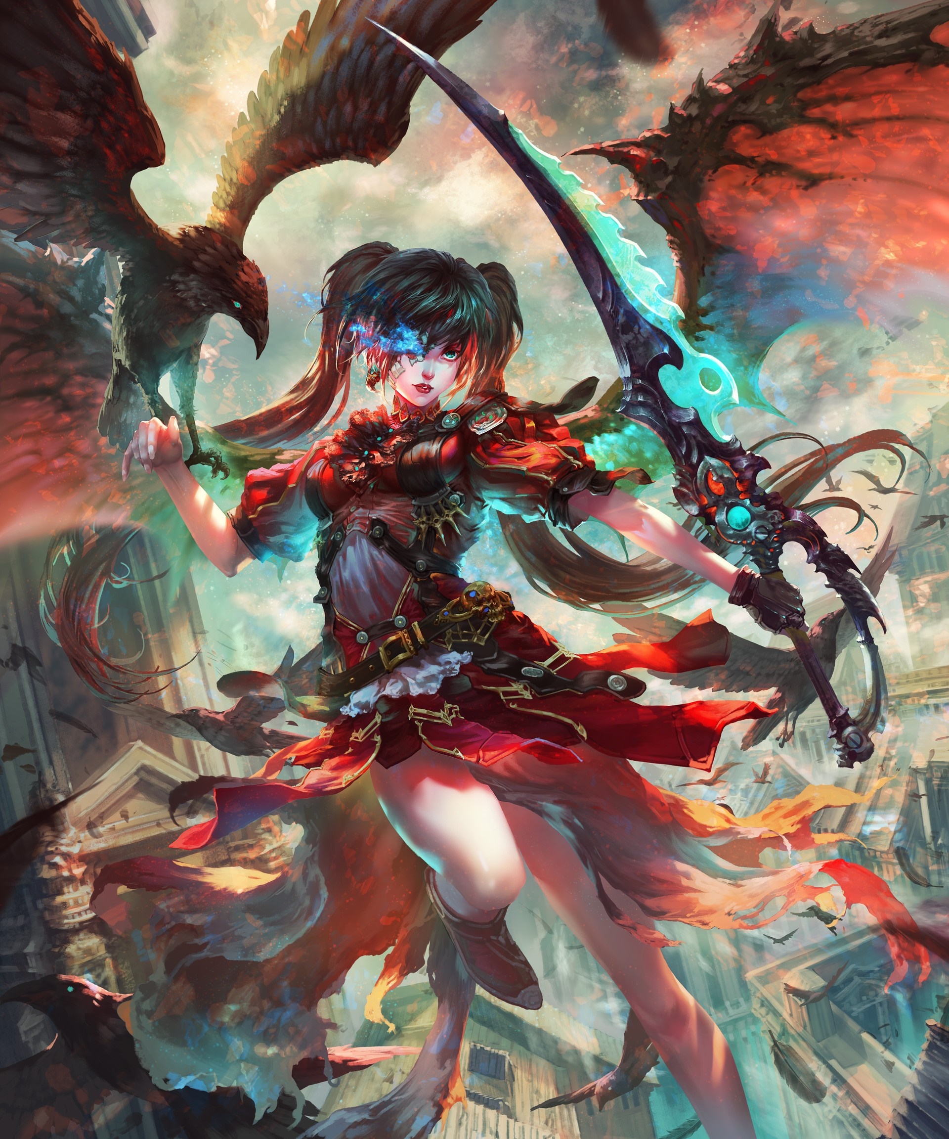 Anime girl with sword and birds in city HD Wallpaper