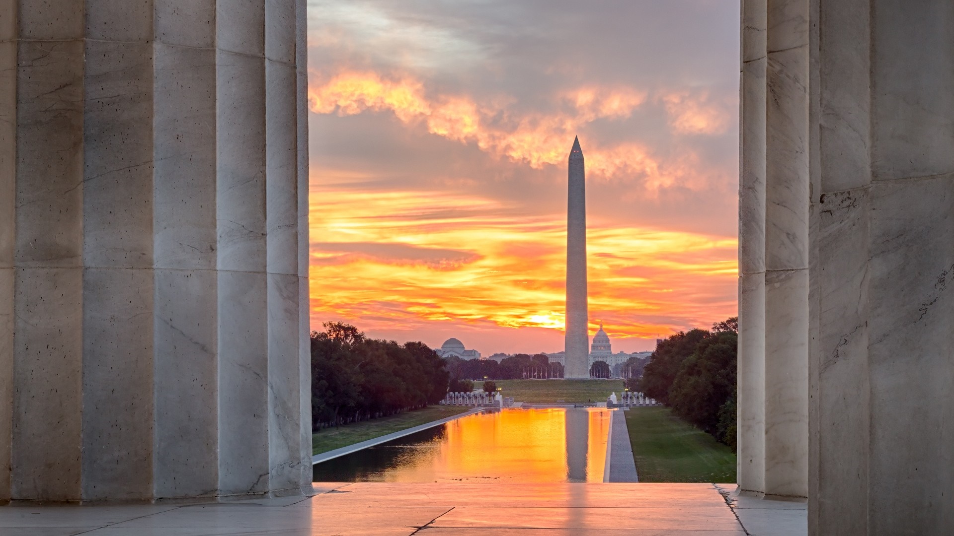 Washington Monument and Lincoln Memorial at Sunset HD Wallpaper