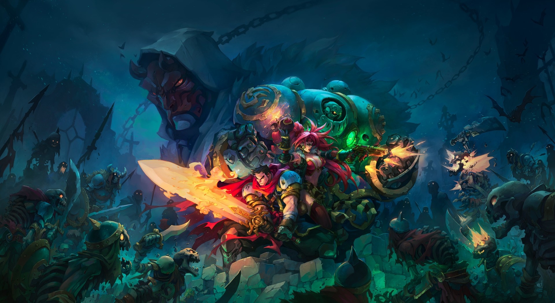 Fantasy art of warriors battling undead creatures HD Wallpaper