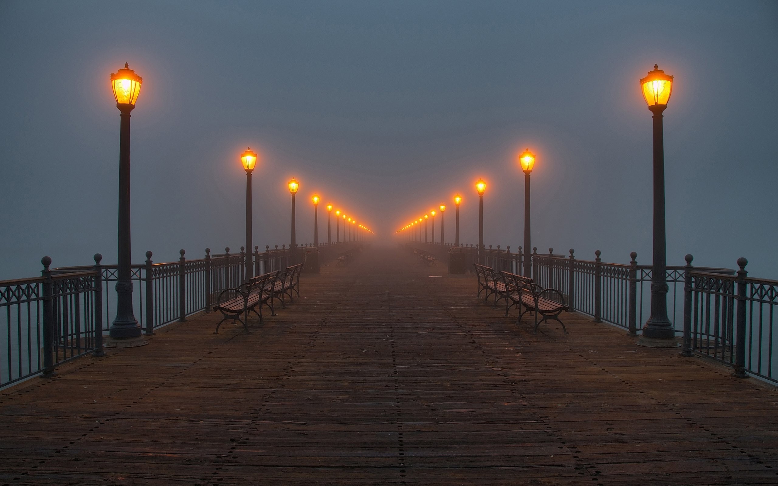 Pier with streetlights in the mist HD Wallpaper