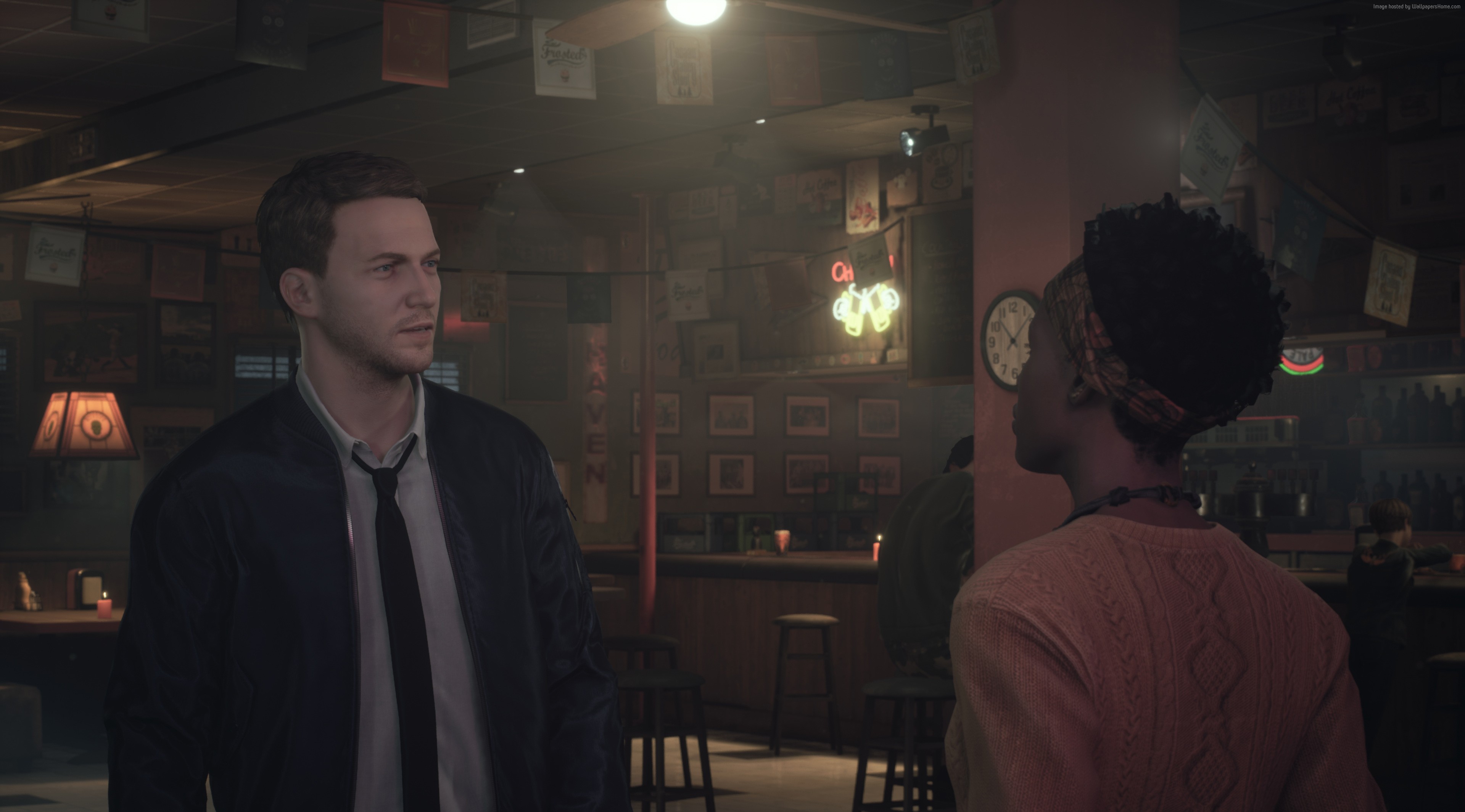 Man and woman in a bar in Twin Mirror 4K HD Wallpaper