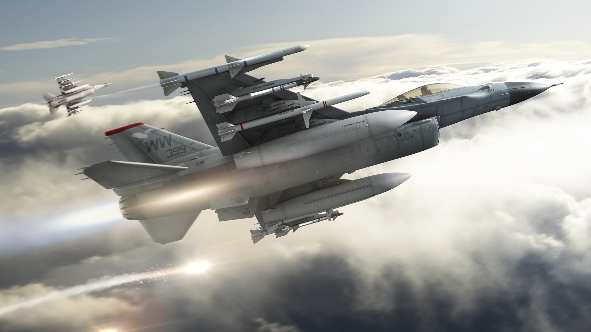 Fighter jets in flight above clouds HD Wallpaper