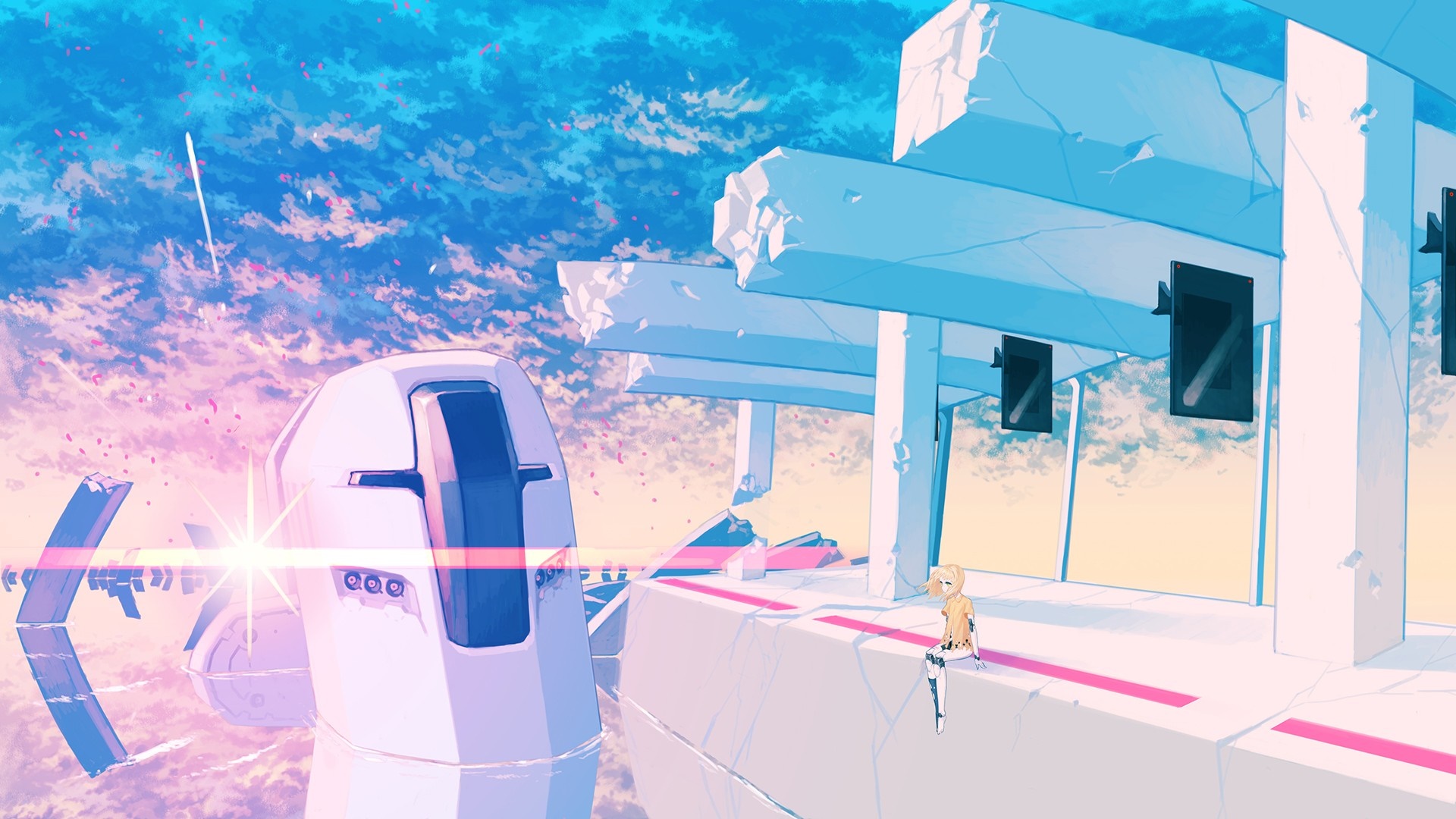 Anime illustration of a futuristic train station with a girl HD Wallpaper