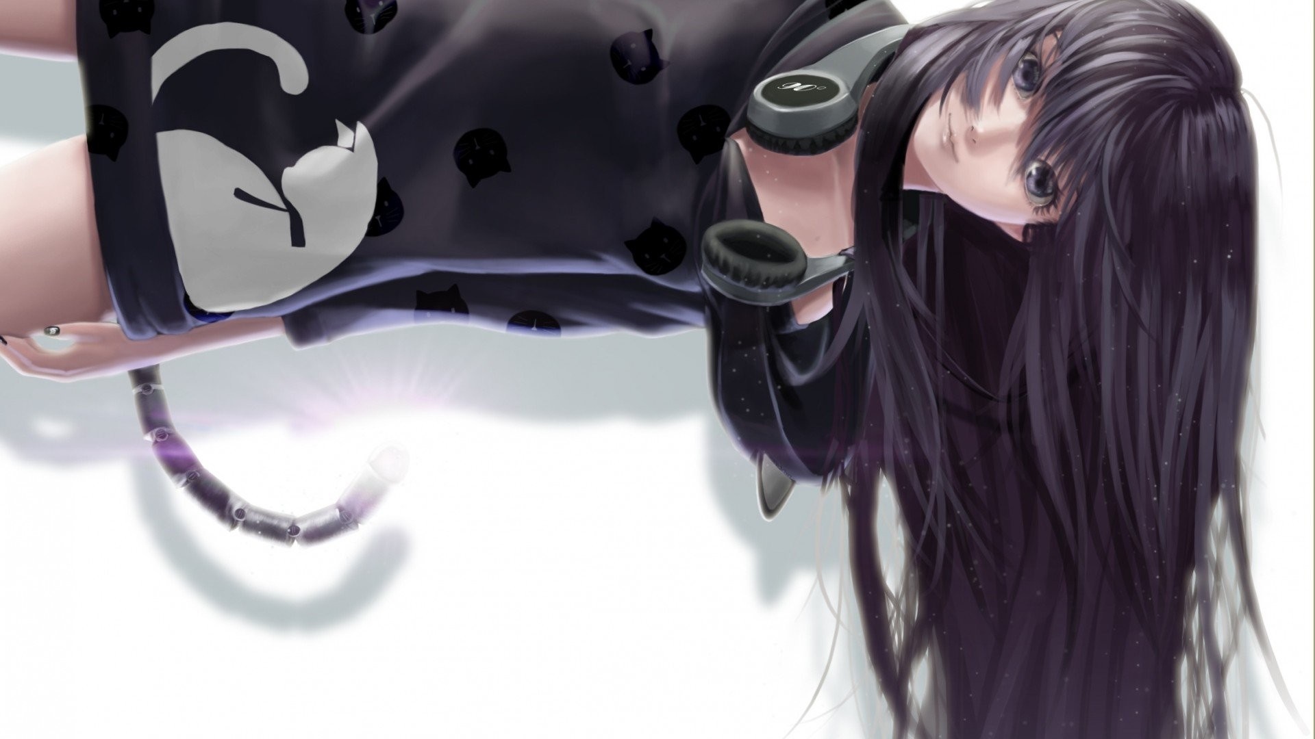Anime girl with headphones and cat-themed outfit HD Wallpaper