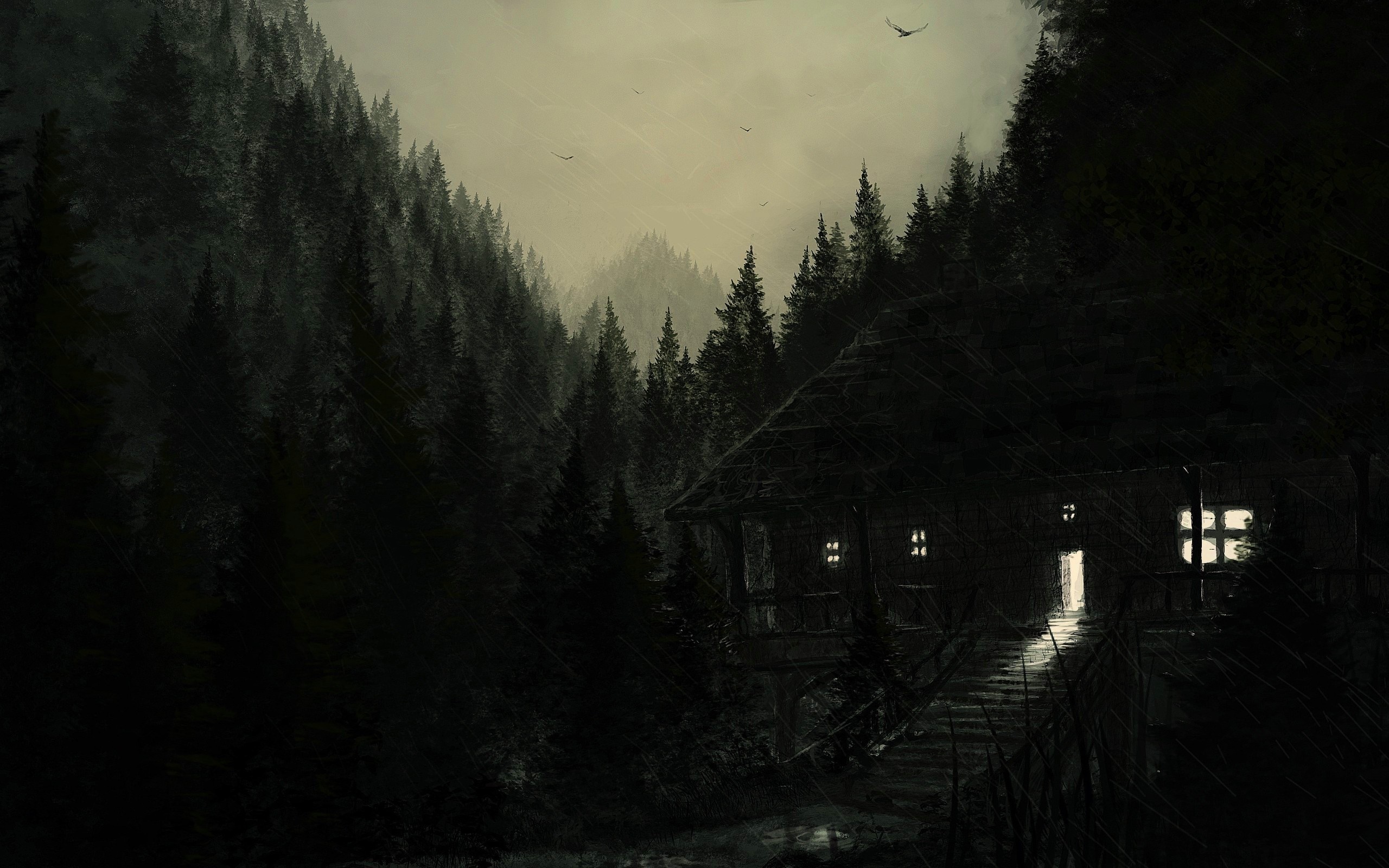 Dark forest with a cabin and birds HD Wallpaper