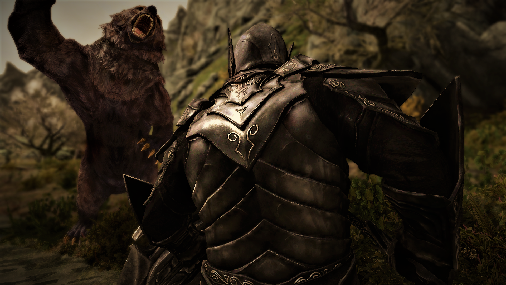 A warrior in armor fights a bear in Skyrim HD Wallpaper